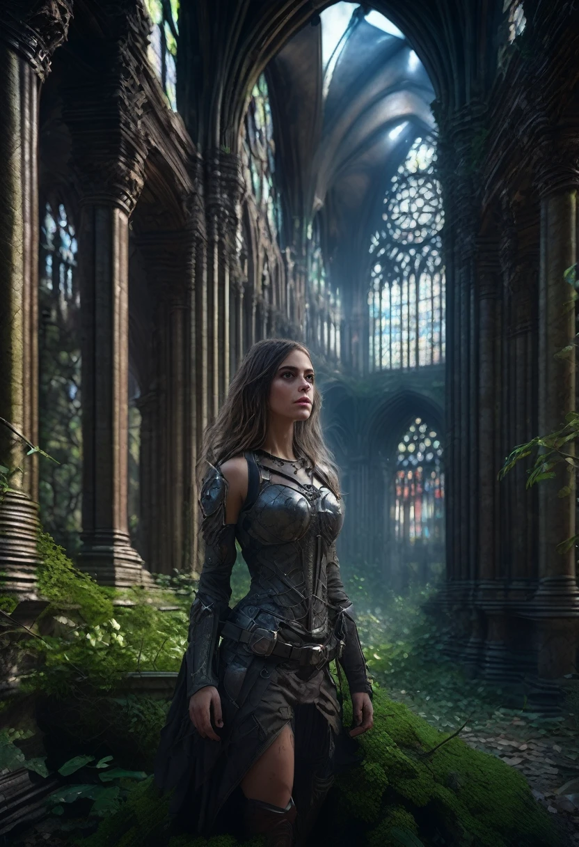 1girl, Post-Apocalyptic Wasteland, Overgrown Cathedrale Notre-Dame-de-Paris covered in vines  and moss Ruins in Luxuriant Jungle, post-apocalyptic epic realistic detailed matte painting, deep color, fantastical, intricate detail, splash screen, complementary colors, fantasy concept art, 8k resolution trending on Artstation Unreal Engine 5
