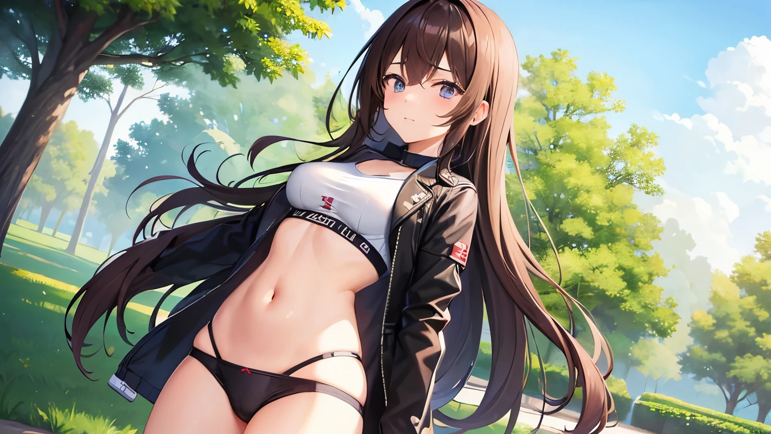 One Girl、Long Hair、Brown Hair Color、Female college student、In the park、I'm embarrassed、Blushing、With troubled eyebrows、Face is close、In underwear、
