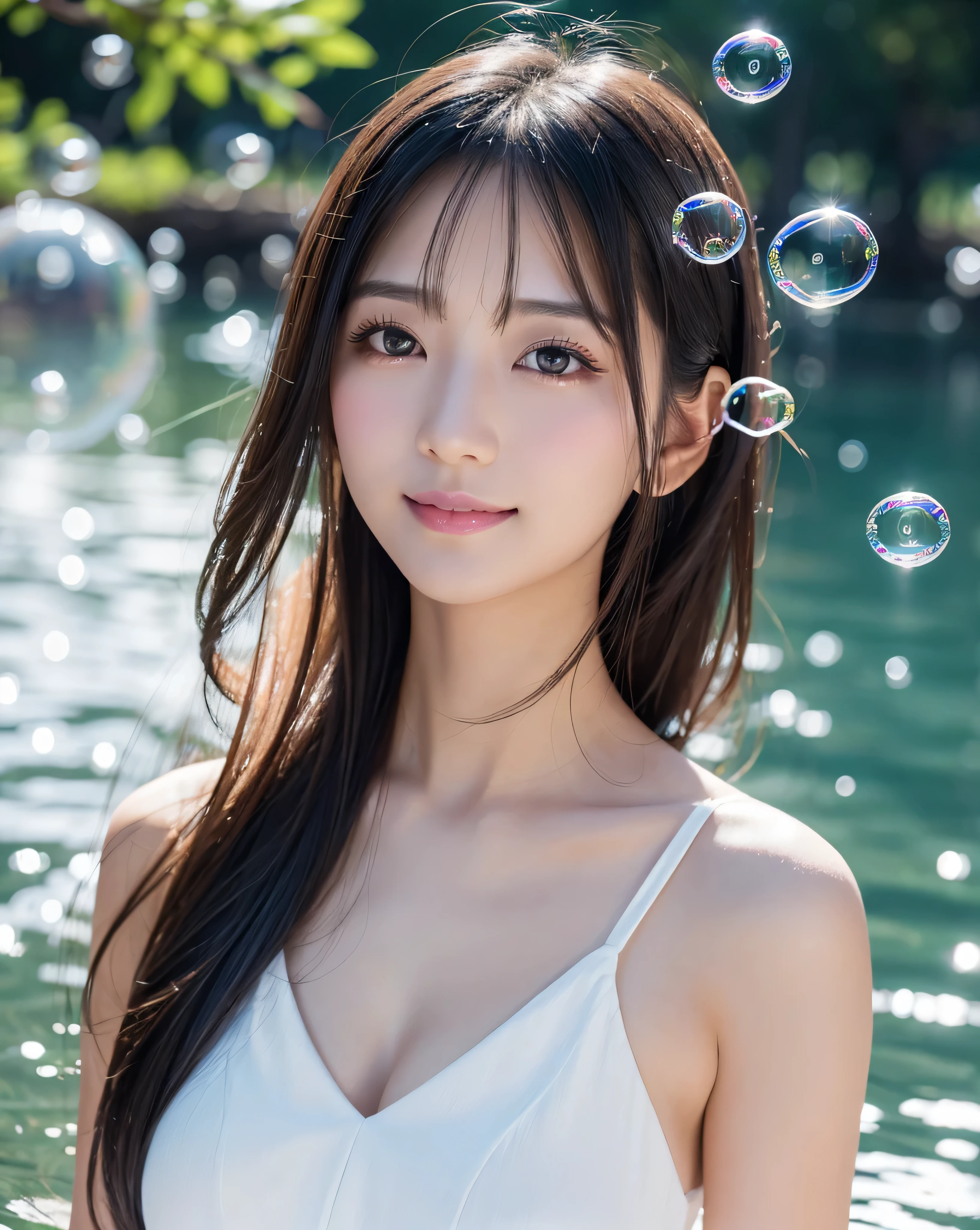 (highest quality, 32k, High resolution, Masterpiece:1.5,), A swirl of crystal clear air and soft light, A sense of serenity and elusive beauty, Black and blue glow, Beautiful Japanese Women, whole body, An exceptionally beautiful face, In the water, inside a transparent glass dome, In the water, Magical big eyes, A rich expression, ((A gentle smile)), ((Beautiful shiny black hair)), Long, intricately detailed straight hair, Beautiful asymmetrical bangs, Hair between the eyes, Bright makeup, Smooth and soft white skin, Beautifully trimmed, thin eyebrows, Prominent double eyelids, Attractive pink lips, ((White open-necked dress), High resolution perfect clavicle, Beautiful chest in high resolution, Slender figure with ample breasts, High resolutionの美しい太もも, ((Blue glowing bubble effect:1.3)), Dazzling morning sunlight, Professional Lighting, Professional photographer, Professional models