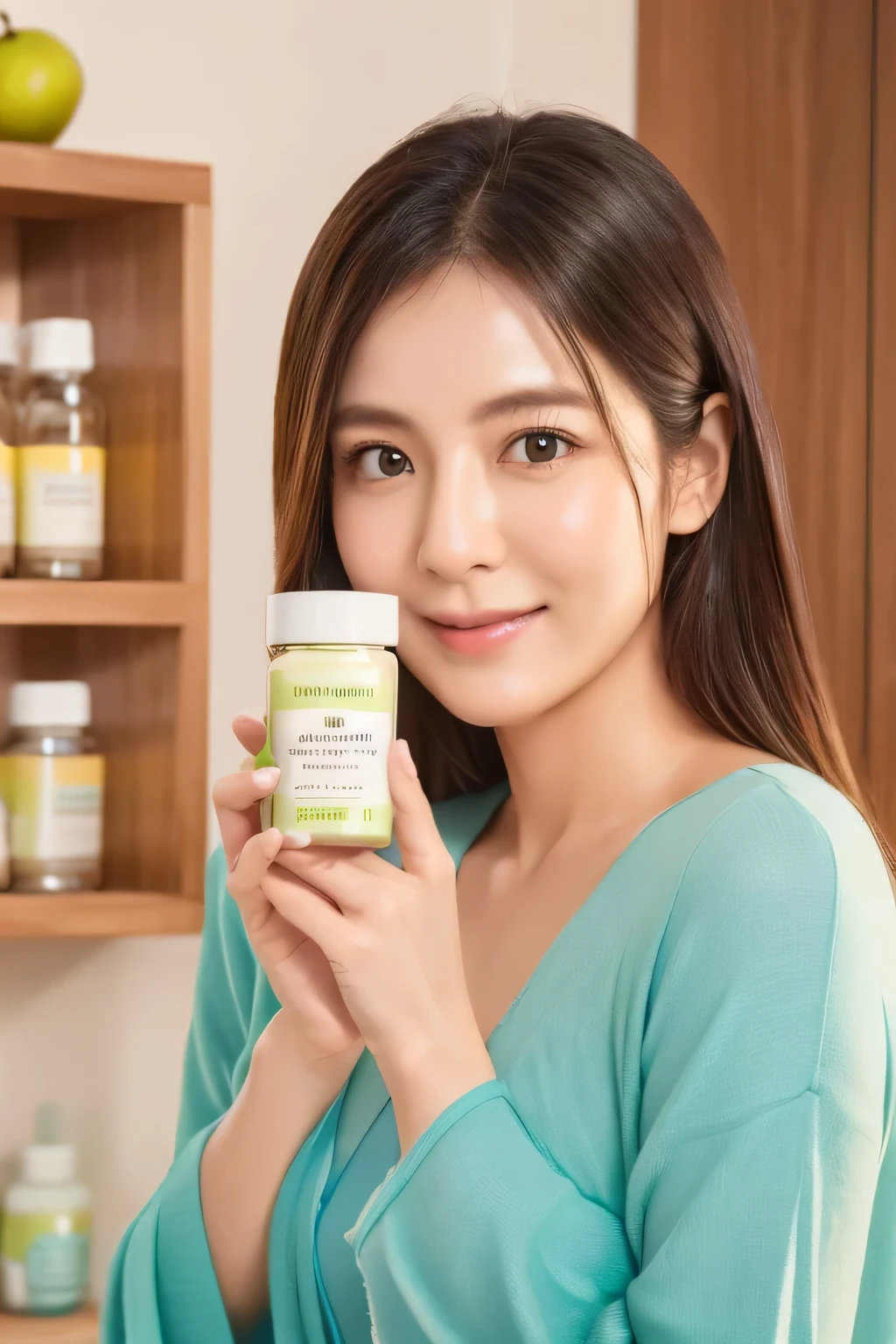 Advertisement image: Woman holding Takane lime Cleansing Balm, white 100g jar