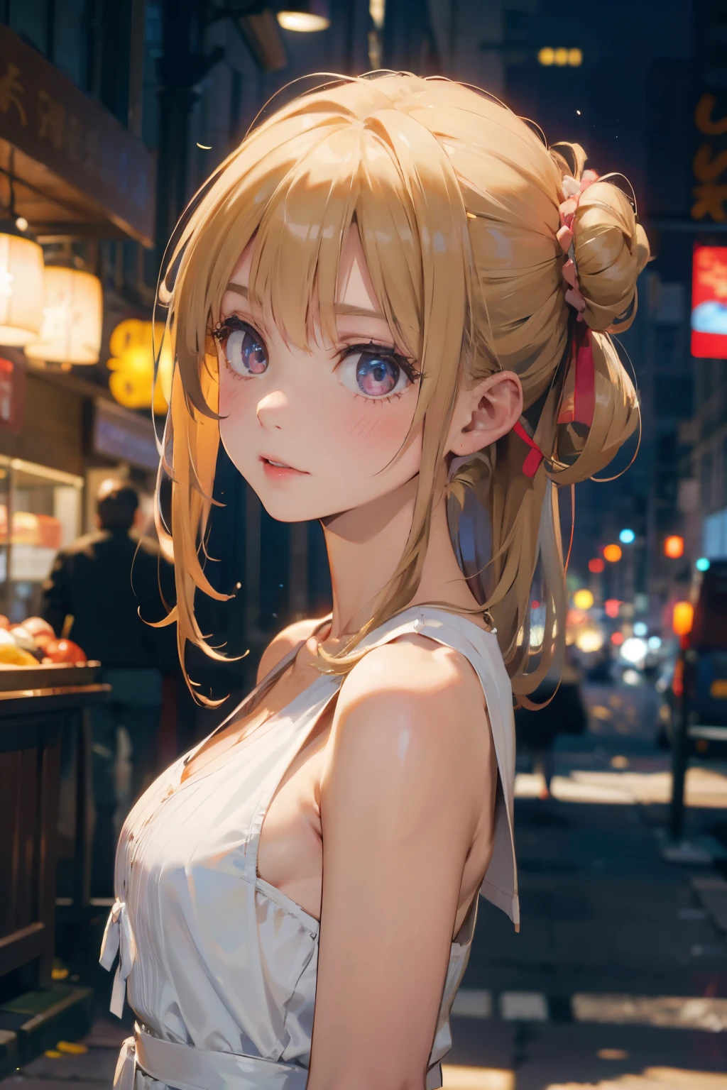 portrait of european girl,solo,20yo,beautiful face,uppser body, blonde hair, tied two buns ,sharp focus,white dress