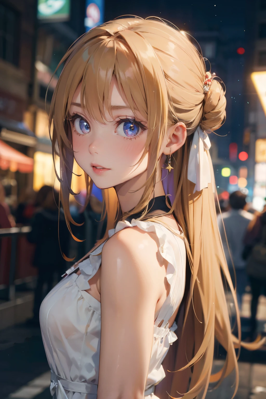 portrait of european girl,solo,20yo,beautiful face,uppser body, blonde hair, tied two buns ,sharp focus,white dress