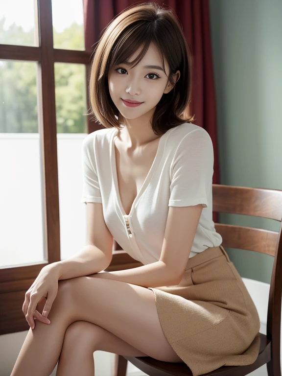 (Ultra-realistic), (High resolution), (8k), (very detailed) (beautifully detailed eyes),masterpiece, Best image quality, high quality,(super detailed), (wallpaper), (detailed face), The whole body is visible、Beautiful legs、thin脚、Look at me,Beautiful woman, Japanese, detailed, detailed eyes, detailed skin, Beautiful Skin, 超High resolution, (reality: 1.4),so beautiful, Beautiful Skin, thin, The finer details, detailed face,  Realistic photos, Bright lighting, Professional Lighting, Iris、brown hair, Short hair swaying in the wind, Stylish bangs、thin眉毛、smile、flat chest、　neat woman, natural beauty、　light makeup　、thinウェスト、skirt、blouse、Hide chest、Sit on a chair、crossed legs