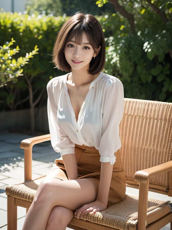 (Ultra-realistic), (High resolution), (8k), (very detailed) (beautifully detailed eyes),masterpiece, Best image quality, high quality,(super detailed), (wallpaper), (detailed face), The whole body is visible、Beautiful legs、thin脚、Look at me,Beautiful woman, Japanese, detailed, detailed eyes, detailed skin, Beautiful Skin, 超High resolution, (reality: 1.4),so beautiful, Beautiful Skin, thin, The finer details, detailed face,  Realistic photos, Bright lighting, Professional Lighting, Iris、brown hair, Short hair swaying in the wind, Stylish bangs、thin眉毛、smile、flat chest、　neat woman, natural beauty、　light makeup　、thinウェスト、skirt、blouse、Hide chest、Sit on a chair、crossed legs