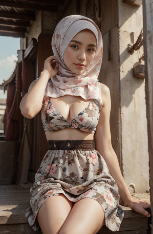 Brownies, sky,moon, (Close-up of the painting style,Ultra HD 8K,Masterpiece grade CG wallpaperovie light,cute woman,Delicate and beautiful face,dreamy student,Wear a short dress with a small floral print.,round waist,hijab,chest poetry,sit,cloudy background,tree,flower,summer,Chinese style building, rift, magical