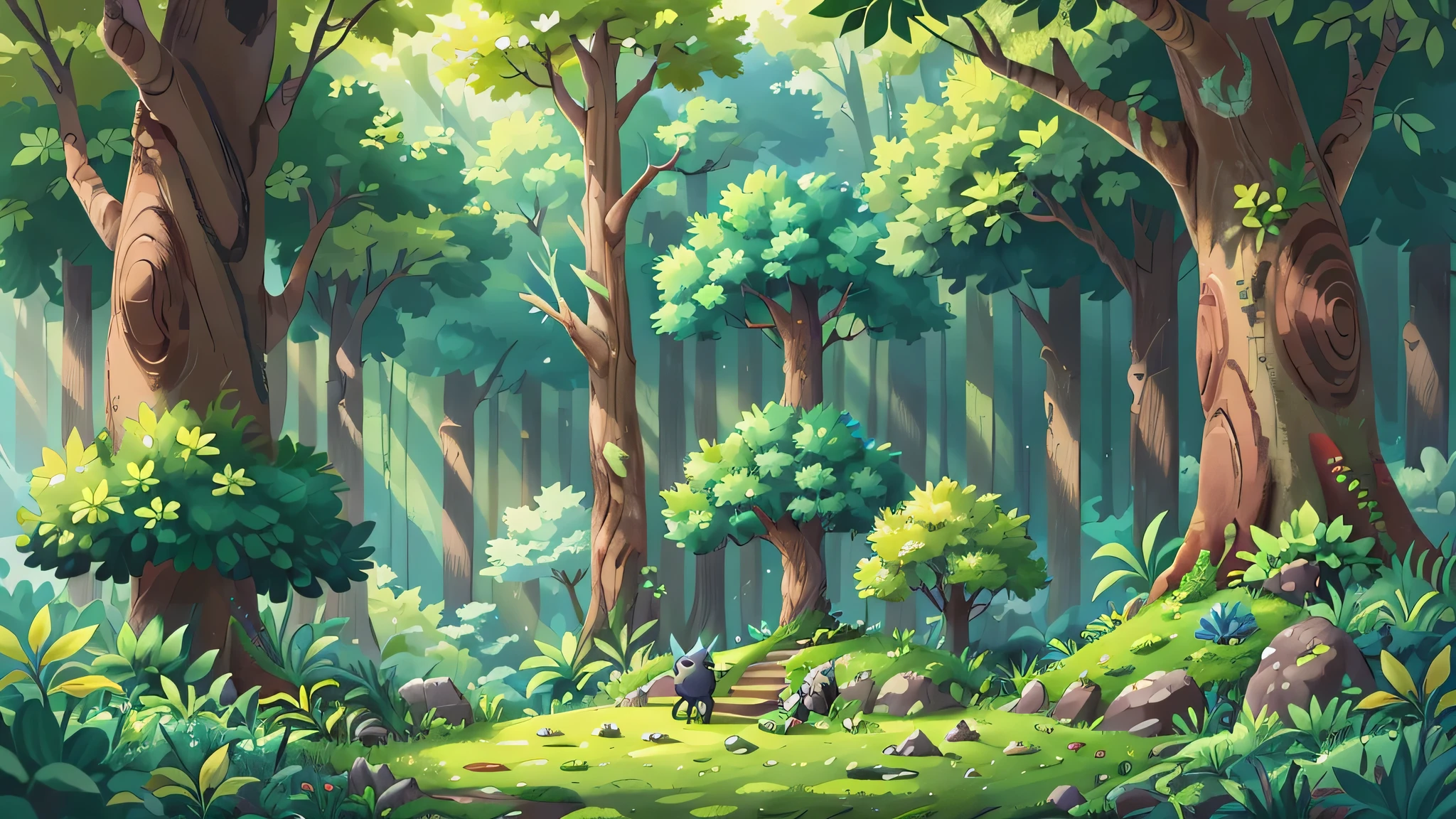 Amidst the lush, verdant expanse of a forest (figure: 1.0), a serene woodland scene unfolds. The ground is blanketed by a lush carpet of emerald grass, speckled with vibrant yellow flowers, their petals gently swaying in the gentle breeze. No humans are present, allowing nature to reign supreme. In the distance, trees with gnarled trunks and sprawling branches stretch towards the azure sky, their leaves forming a canopy that filters the sunlight, creating a dappled effect on the forest floor.

A masterpiece of nature's highest quality, this bucolic setting is a feast for the senses. The forest,