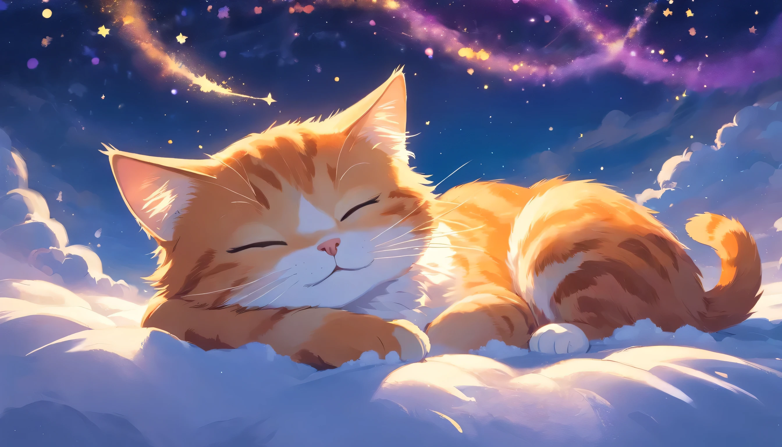 The angle of view is a close-up,HD, Disney Pixar style, digital painting, natural lighting, rich background, edge lighting, dreamy color tone, color palette, aspect ratio 16:9This picture depicts a small orange-and-white cat lying peacefully on a cloud that looks like snow, with its eyes closed, as if enjoying a sweet dream. The cat’s expression is very calm and content, with its mouth corners slightly turned up as if it’s smiling. The background of the painting is a dreamlike starry sky, adorned with dangling stars and soft halos, some of which connect with graceful lines to create a quiet and peaceful night atmosphere.The overall style can be described as full of fantasy and fairy-tale colors. The entire image is dominated by warm and bright colors, The use of color is soft and layered; the orange and white cat contrasts sharply with the dark blue and purple background, creating a warm versus cool tone that enhances the snug feel of the picture.presenting a peaceful, warm, and pleasant feeling that makes one’s mood very relaxed and happy after looking at it. In addition, the details of the painting are exquisitely handled, such as the texture of the cat’s fur, the fluffiness of the clouds, and the twinkling starlight, all of which add to the picture’s delicacy and charm.close eyes