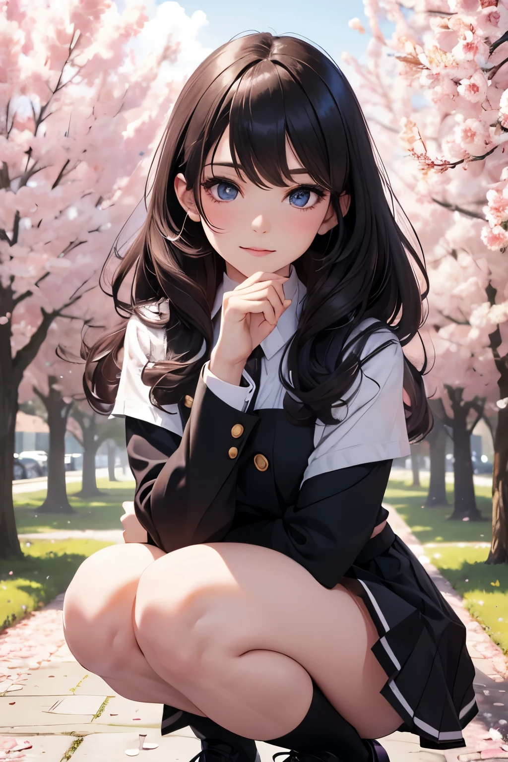 (best quality, highres, realistic:1.37), beautiful detailed eyes, beautiful detailed lips, long eyelashes, pale skin, pink blush, large expressive eyes, glossy black hair, medium length, wavy hair, cute uniform with a pleated skirt, white knee-high socks, mary jane shoes, innocent and cheerful expression, confident and determined expression, colorful background with flowers and cherry blossoms, vibrant colors, soft lighting.