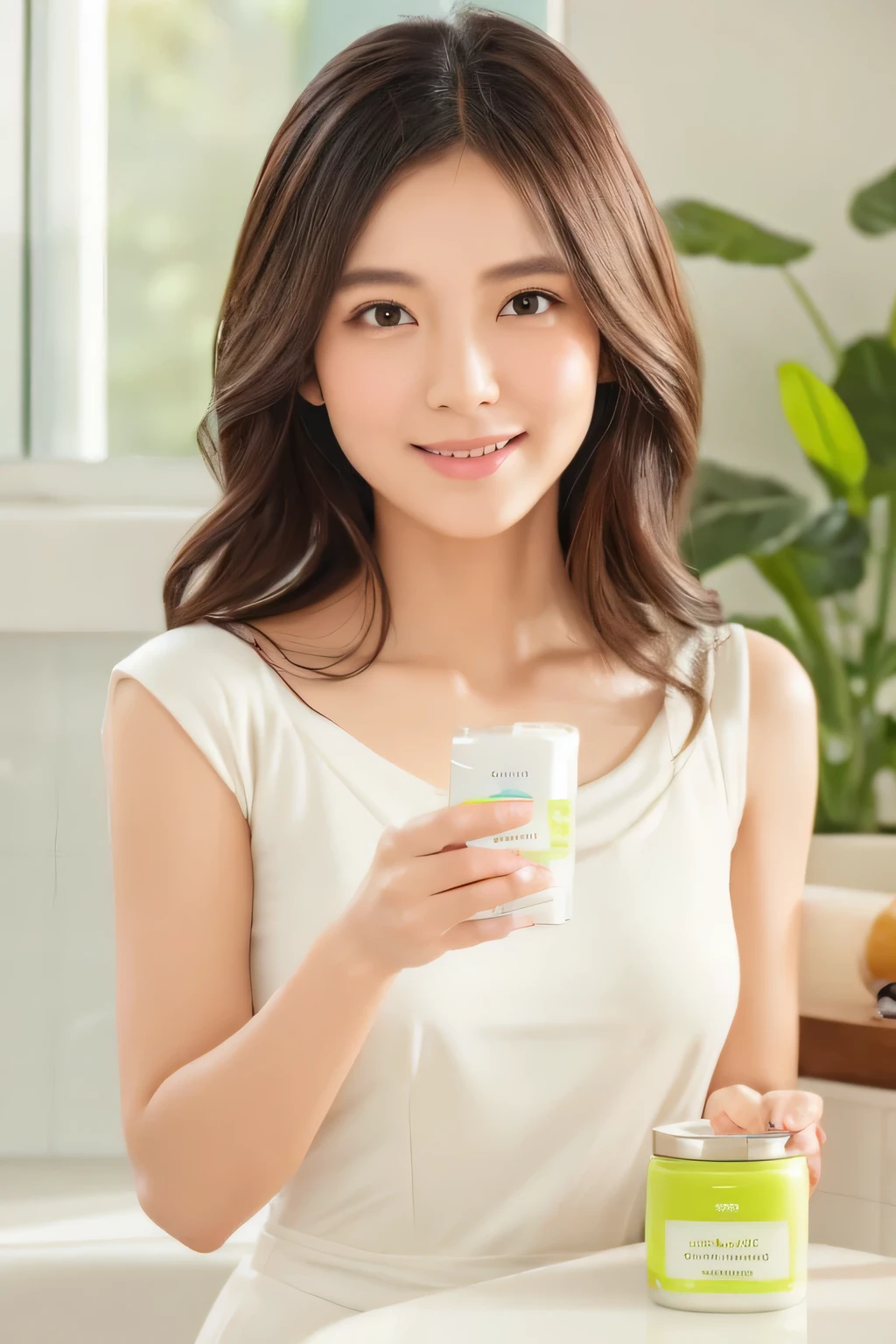 Advertisement image: Woman holding Takane lime Cleansing Balm, white 100g jar