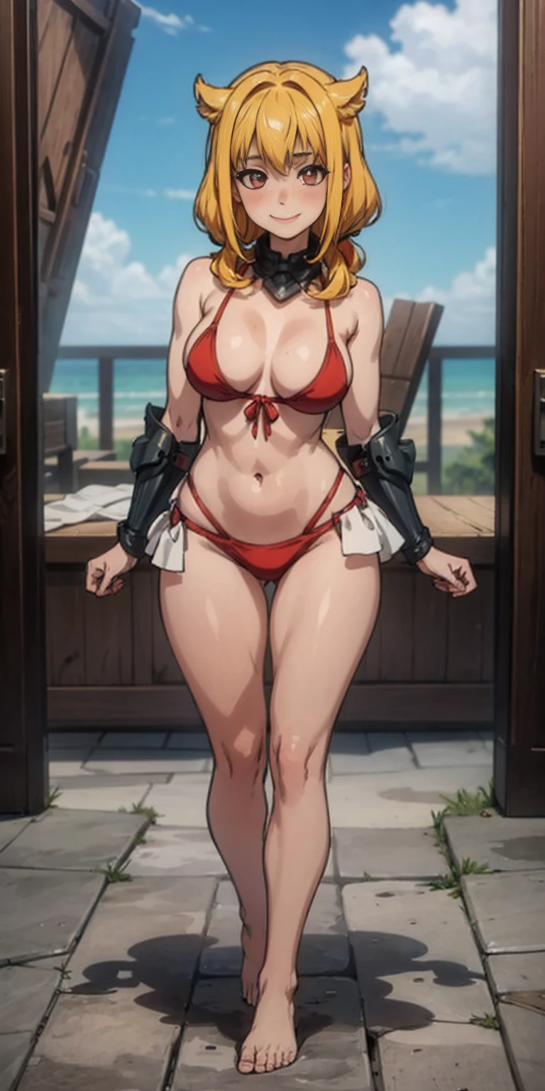 Roxanne Demin kin 1girl, solo, medium breasts, Body position: Standing, straight, symmetrical, barefoot, Lustful smile on face with red blush, fluffy ears, dog ears, blonde hair, bikini armor venus body