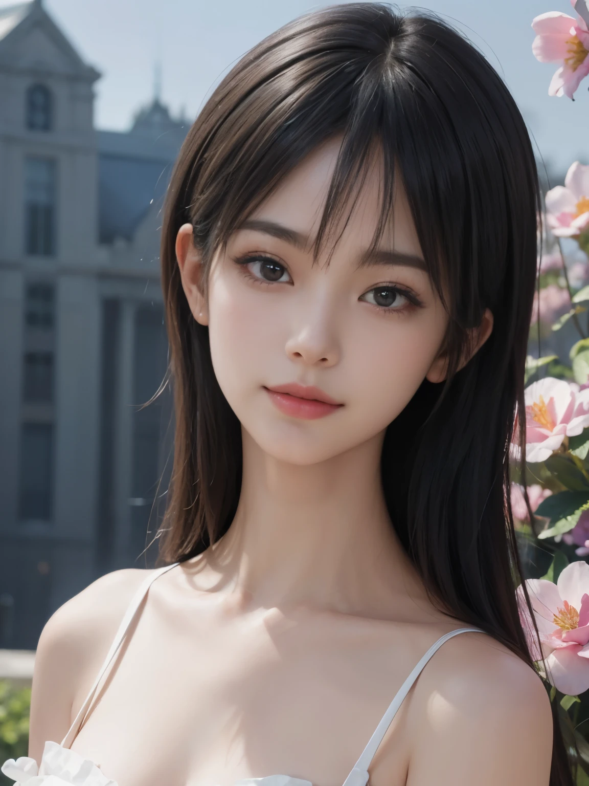 (ultra realistic) , (illustration), (increase resolution), (8K), (extremely detailed), (best illustration), (beautiful detailed eyes), (best quality), (ultra-detailed), (masterpiece), (wallpaper), (detailed face), solo,1 girl, looking at viewers, black straight hair, delicate details, in the dark, deep shadow, low key, pureerosfaceace_v1, happy smile, summer dress, full body, flower garden