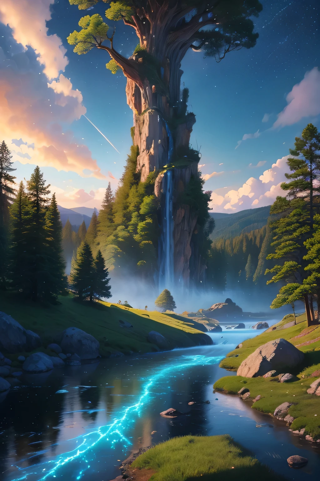 Illustration of hyper reality , Another world, The ultraski scene is complete with giant crystal trees.,The light is so subtle and wonderful., Complex forest details, Surrounding plants and river, Solarpunk ,terrain, Giant Tree, The leaves are beautiful with beautiful lighting and realistic proportions., It&#39;s as if it were a background in a movie theater., 8k, Highest quality, Masterpiece, clouds and stars in the sky.