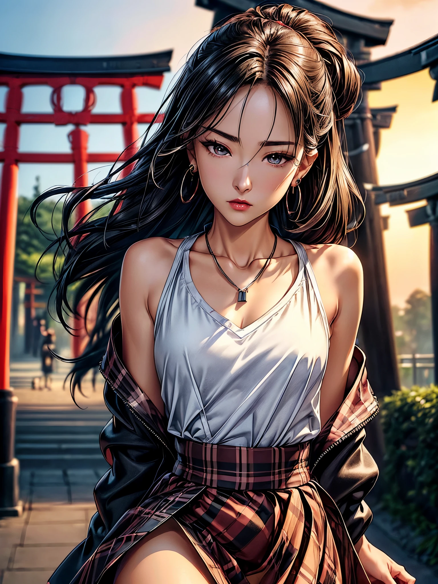 ((Biologically correct number of limbs))、(( Photos that include faces))、4K、masterpiece、((Focus on the face))、((Symmetrical facial features))、tiny description of eyes、Beautiful woman、Outstanding style、Beautiful clavicle、Beautiful legs、(Small butt、Thin thighs)、(black、High heel)、Facial detail drawing、Small earrings、necklace、Low Angle、(Upper body shirt and jacket、Plaid skirt)、The background is walking past the Senbon Torii Gate at dusk.、Upper body close-up、Realistic pictures、