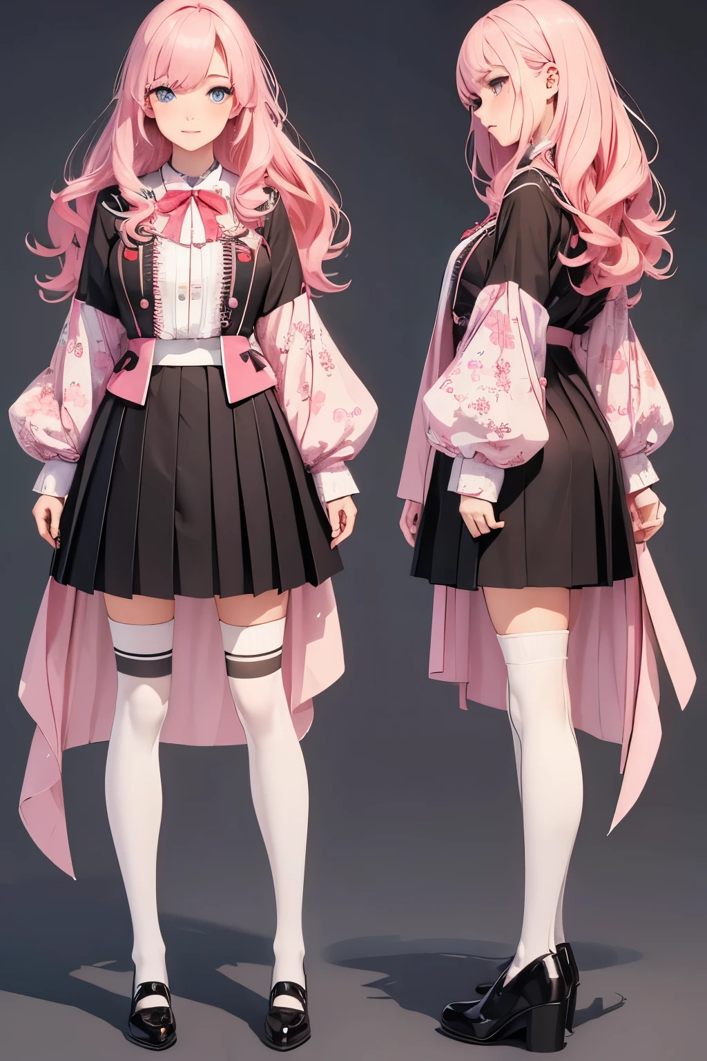 (best quality, highres, realistic:1.37), beautiful detailed eyes, beautiful detailed lips, long eyelashes, pale skin, pink blush, large expressive eyes, glossy black hair, medium length, wavy hair, cute uniform with a pleated skirt, white knee-high socks, mary jane shoes, innocent and cheerful expression, confident and determined expression, colorful background with flowers and cherry blossoms, vibrant colors, soft lighting.
A comprehensive model sheet for a character, including front view and side view, with detailed perspectives and angles