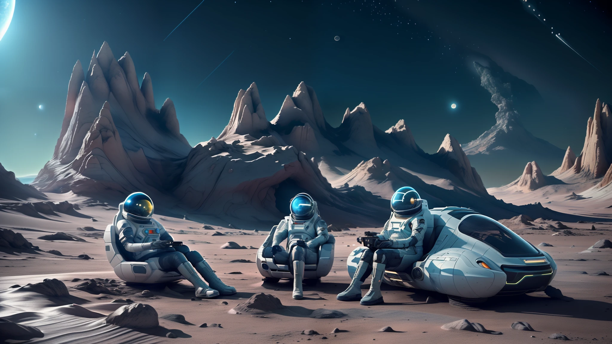 Sci-fi scene,Futurism，A sci-fi moon camper，On the surface of Mars，Four astronauts wearing space suits，Sitting next to the car,Binoculars in hand，In the distance is a huge Martian landscape，,The mountain is covered with blue light spots，2 fluorescent blue rivers，The background is Saturn meteorite.，There are many shooting stars in the night sky，,The background is the cosmic galaxy,Mars Lights,The scene is grand，Sci-fi movie effects,Fine details，Highlight the sense of technology，Blue halo special effect，Third person perspective，8K，high quality