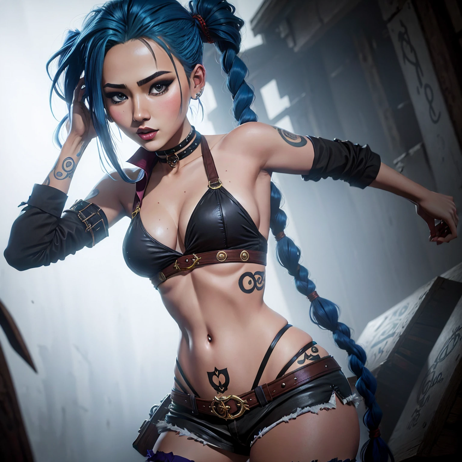 Ponytail, beautiful female warrior, approximately 20 years of age, with a perfect body and dressed in shiny leather elements? The character has dark blue hair with red highlights, tied in a horse tail, and holds a short sword in her hand. I would like the drawing to be done in any graphic convention that fits the character’s nature, wet skin, shiny skin, transparent organza flowing coat, photorealistic: 2.0. Shiny skin,