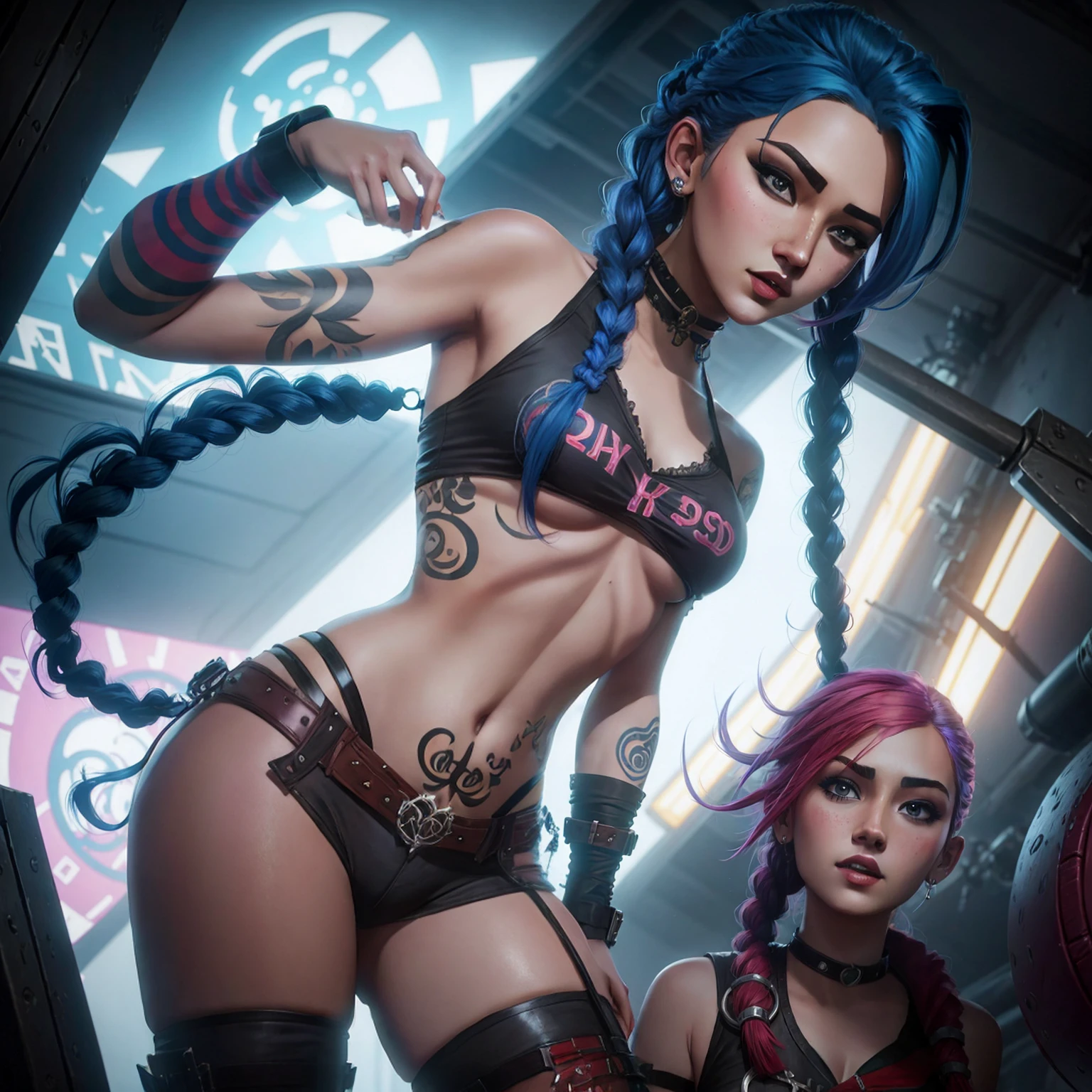 Jinx, estilo arcano, ((1girl)), asymmetrical bangs, franja azul, cabelo azul, pigtail, camisa marrom, tatuagem de nuvem, cabelo azul, jinx de cabelo longo, diafragma, olhos cor de rosa, gorgeous body, red-lips, wide hips, detailed abs, twin braids, Jinx de Arcane\(league of legends\) (arcane style), solo