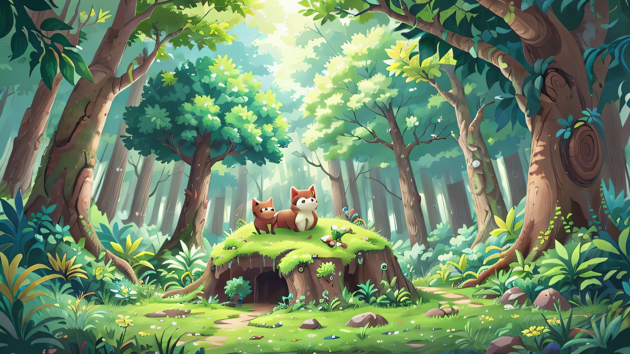 Amidst the lush, verdant expanse of a forest (figure: 1.0), a serene woodland scene unfolds. The ground is blanketed by a lush carpet of emerald grass, speckled with vibrant yellow flowers, their petals gently swaying in the gentle breeze. No humans are present, allowing nature to reign supreme. In the distance, trees with gnarled trunks and sprawling branches stretch towards the azure sky, their leaves forming a canopy that filters the sunlight, creating a dappled effect on the forest floor.

A masterpiece of nature's highest quality, this bucolic setting is a feast for the senses. The forest,