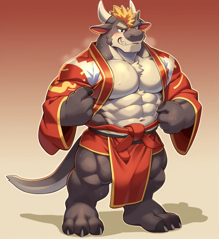 Solitary, anthropology (domestic ox, ox), Full ears, Brown and gray skin, Delicate eyes, Gym: 1.6, Sweat, Heavy breathing: 1.5, Correct anatomy, Biceps, (muscular) Veins throughout the body，The veins are very small (Chinese traditional clothing,Red Kimono:1.3), Tatami background, 8K HD, Dark Shadows,cartoon, author：Takemoto Arashi, by zixiong, author：Chunni, author：Empty Ghost