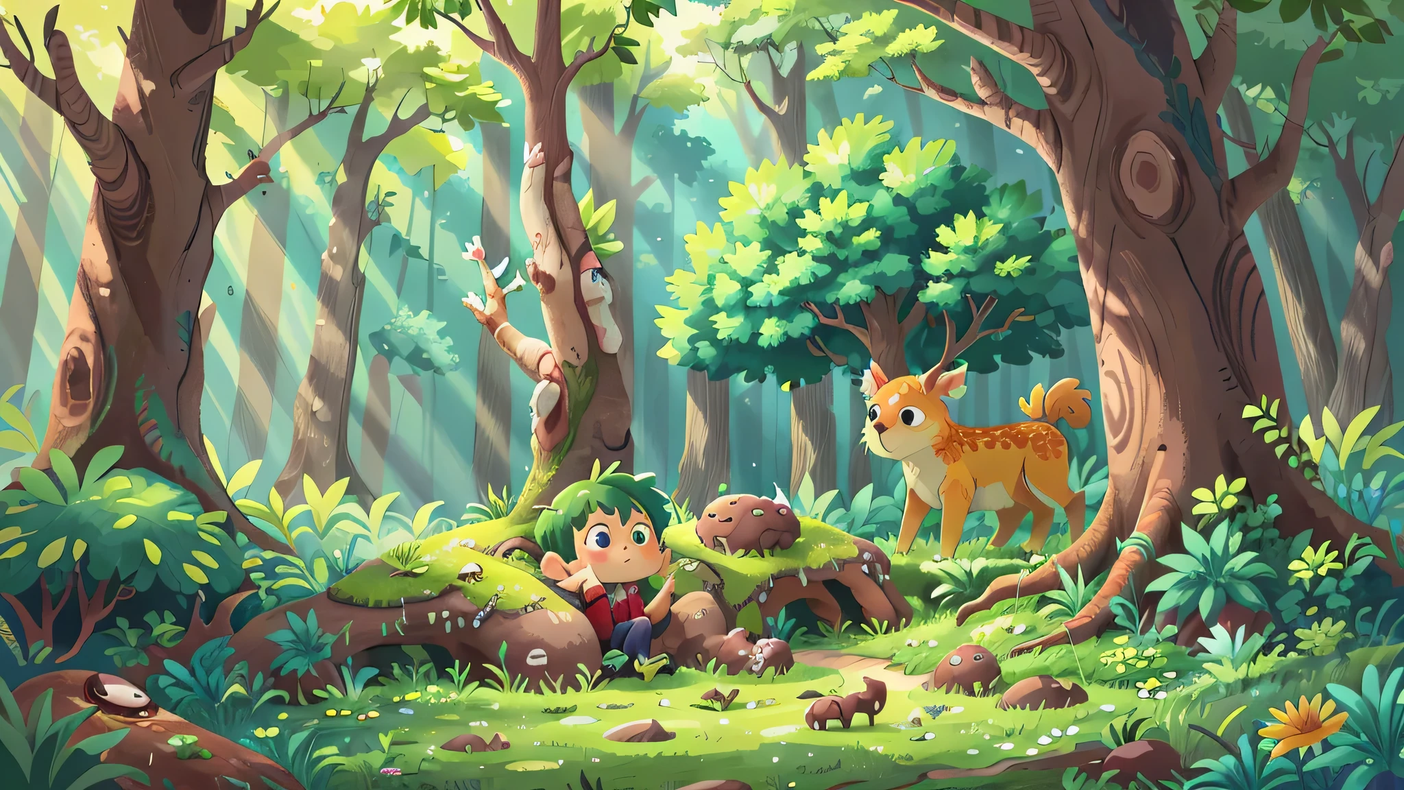Amidst the lush, verdant expanse of a forest (figure: 1.0), a serene woodland scene unfolds. The ground is blanketed by a lush carpet of emerald grass, speckled with vibrant yellow flowers, their petals gently swaying in the gentle breeze. No humans are present, allowing nature to reign supreme. In the distance, trees with gnarled trunks and sprawling branches stretch towards the azure sky, their leaves forming a canopy that filters the sunlight, creating a dappled effect on the forest floor.

A masterpiece of nature's highest quality, this bucolic setting is a feast for the senses. The forest,