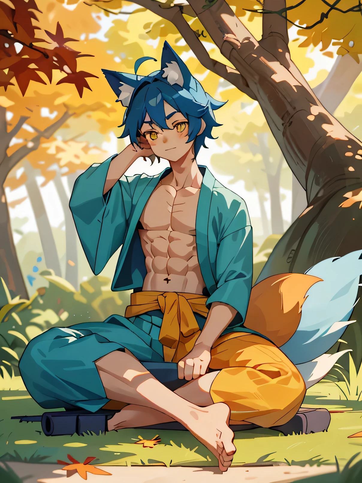 Anime boy with fox ears and tail, 1 person, Sitting on a mat under a tree with autumn leaves falling, Abdominal muscles defined, Blue hair with bangs covering his forehead, Wearing a traditional Japanese kimono with separate sleeves, Animal ears twitching, Fox eyes shining yellow, Facial tagging with a forest mark on his clavicle, Muscular chest and arms, Covering his mouth with a hand to silence himself, focused on the tranquility of nature, Solitary figure against the backdrop of the seasonal tree, Nipple barely visible through the thin kimono fabric, Muscular figure accentuated by the outdoor setting, Tail twitching in excitement,