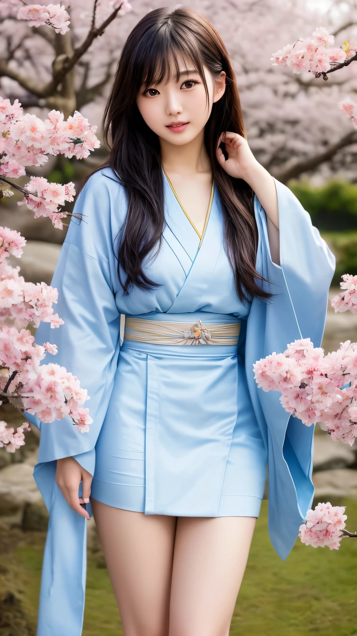 最high quality、high quality、Best image quality、8k、最High resolution、High resolution、最high quality、masterpiece、Detailed and realistic human body、Detailed and realistic skin、Realistic face in every detail、Realistic eyes down to the details、Realistic lips in every detail、Realistic teeth in every detail、Detailed and realistic ears、Detailed and realistic hair、Detailed and realistic weapons、Realistic reproduction of every detail、Realistic fingers in every detail、(Beautiful Hands、thumb１reference４)、Realistic feet down to the last detail、((Beautiful Japanese Girl))、(Japanese Model), (Japanese women)、((18 year old beautiful girl))、(Black Hair)、(Random Hairstyles)、((whole body))、((Upward beautiful breasts))、(petite and slender figure)、(whole body光沢肌、Fair skin)、Soft natural light、Long-sleeved kimono、kimono、yukata、Japanese tradition、Japanese garden、((See-through mesh(花柄入りminikimonoを着用))、((Under the cherry tree(Poses to make your thighs look beautiful))