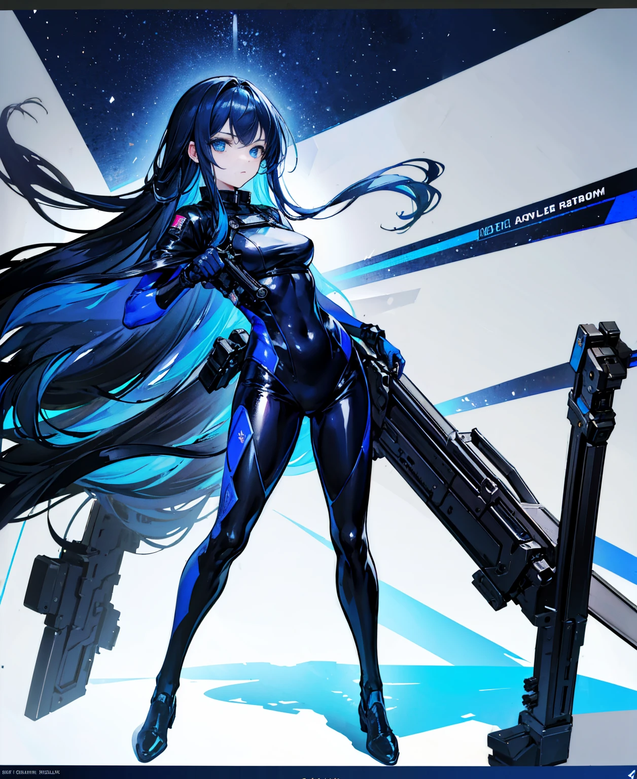 There is no background，girl，Carry a firearm，Patent leather tight suit，Use of firearms，Navy blue long hair，attention arousal，Blue colored eyes,No gradients