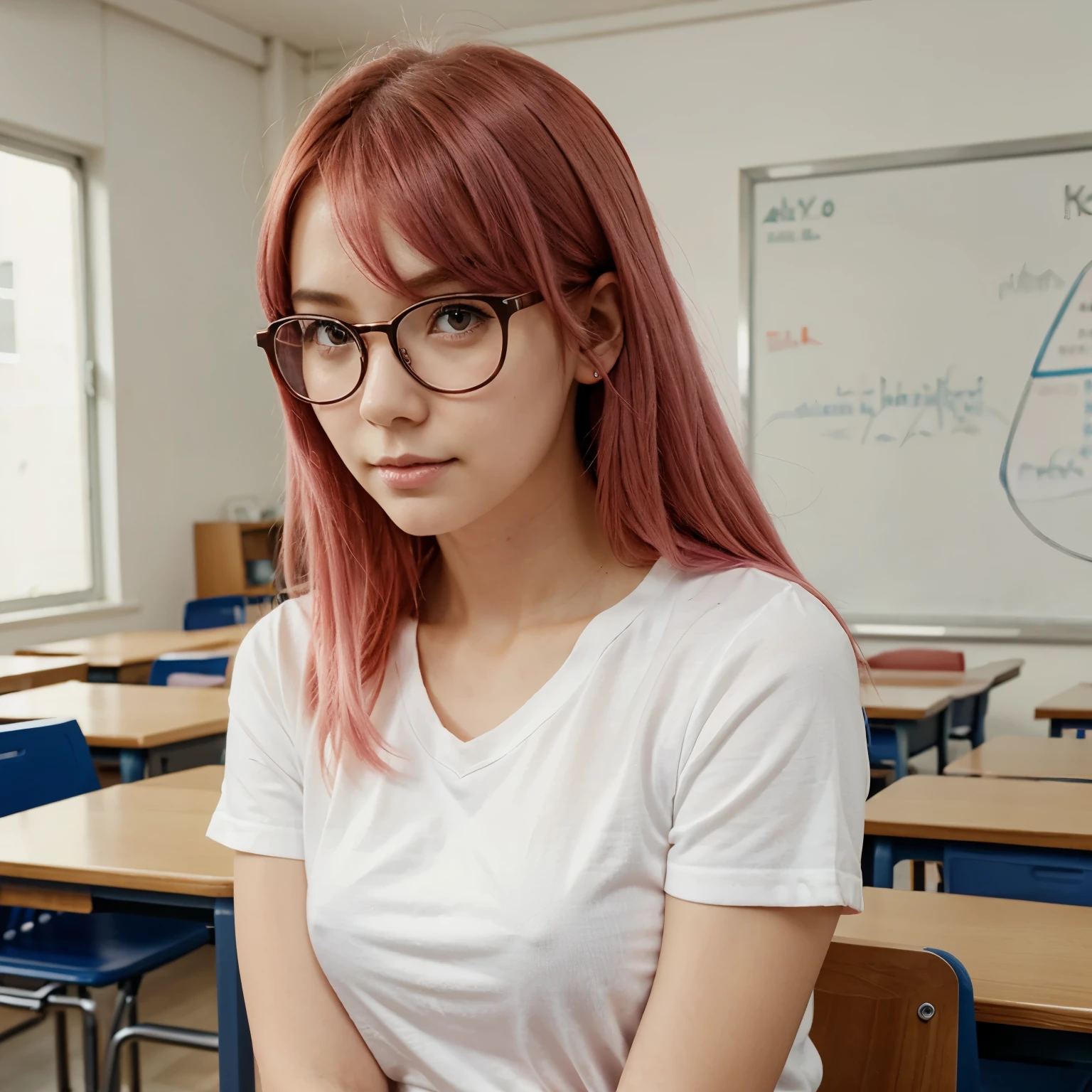 Pink hair, soft red eyes, teacher in a classroom alone, manhwa artstyle, glasses