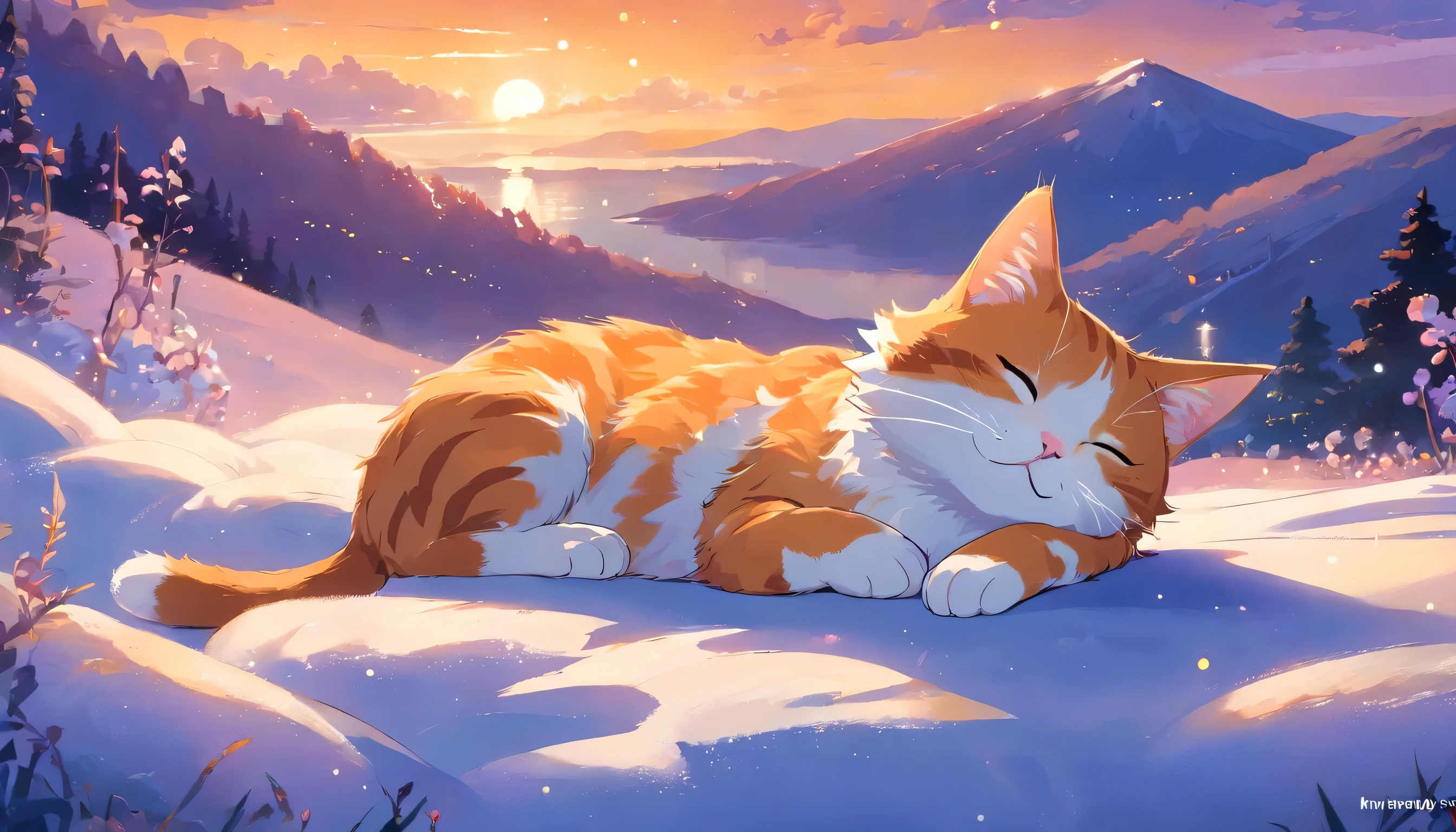 The angle of view is a close-up，HD, Disney Pixar style, digital painting, natural lighting, rich background, edge lighting, dreamy color tone, color palette, aspect ratio 16:9This picture depicts a small orange-and-white cat lying peacefully on a cloud that looks like snow, with its eyes closed, as if enjoying a sweet dream. The cat’s expression is very calm and content, with its mouth corners slightly turned up as if it’s smiling. The background of the painting is a dreamlike starry sky, adorned with dangling stars and soft halos, some of which connect with graceful lines to create a quiet and peaceful night atmosphere.The overall style can be described as full of fantasy and fairy-tale colors. The entire image is dominated by warm and bright colors, The use of color is soft and layered; the orange and white cat contrasts sharply with the dark blue and purple background, creating a warm versus cool tone that enhances the snug feel of the picture.presenting a peaceful, warm, and pleasant feeling that makes one’s mood very relaxed and happy after looking at it. In addition, the details of the painting are exquisitely handled, such as the texture of the cat’s fur, the fluffiness of the clouds, and the twinkling starlight, all of which add to the picture’s delicacy and charm.close eyes