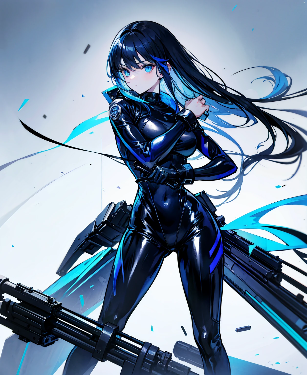 There is no background,girl,Carry a firearm,Patent leather tight suit,Use of firearms,Navy blue long hair,attention arousal,Blue colored eyes,No gradients