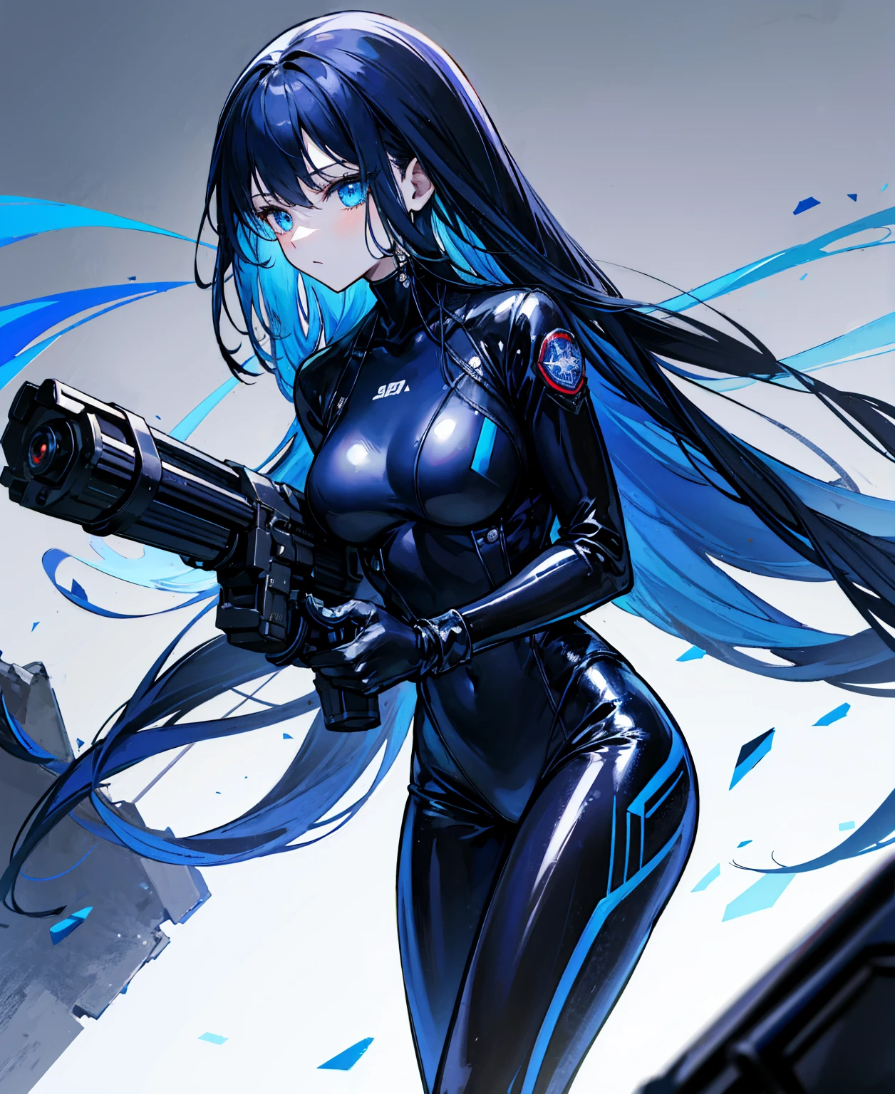 There is no background,girl,Carry a firearm,Patent leather tight suit,Use of firearms,Navy blue long hair,attention arousal,Blue colored eyes,No gradients