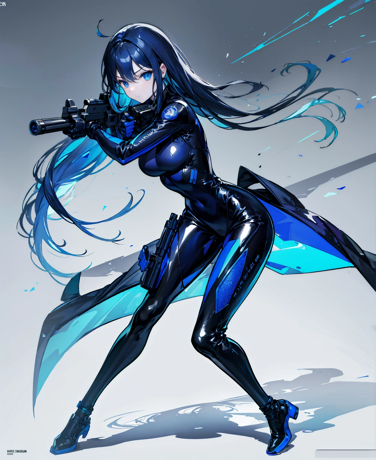 There is no background,girl,Carry a firearm,Patent leather tight suit,Use of firearms,Navy blue long hair,attention arousal,Blue colored eyes,No gradients