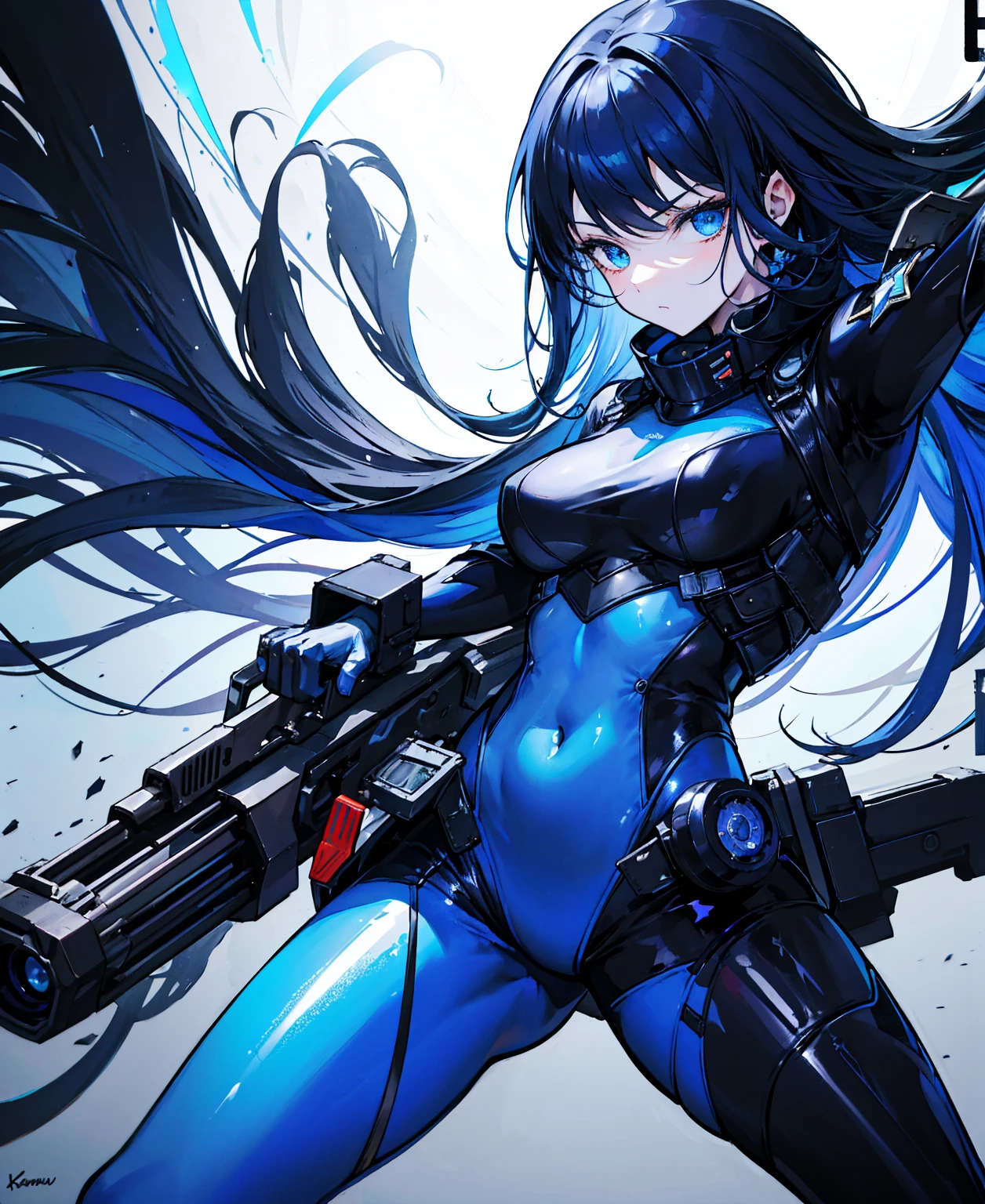 There is no background,girl,Carry a firearm,Patent leather tight suit,Use of firearms,Navy blue long hair,attention arousal,Blue colored eyes,No gradients