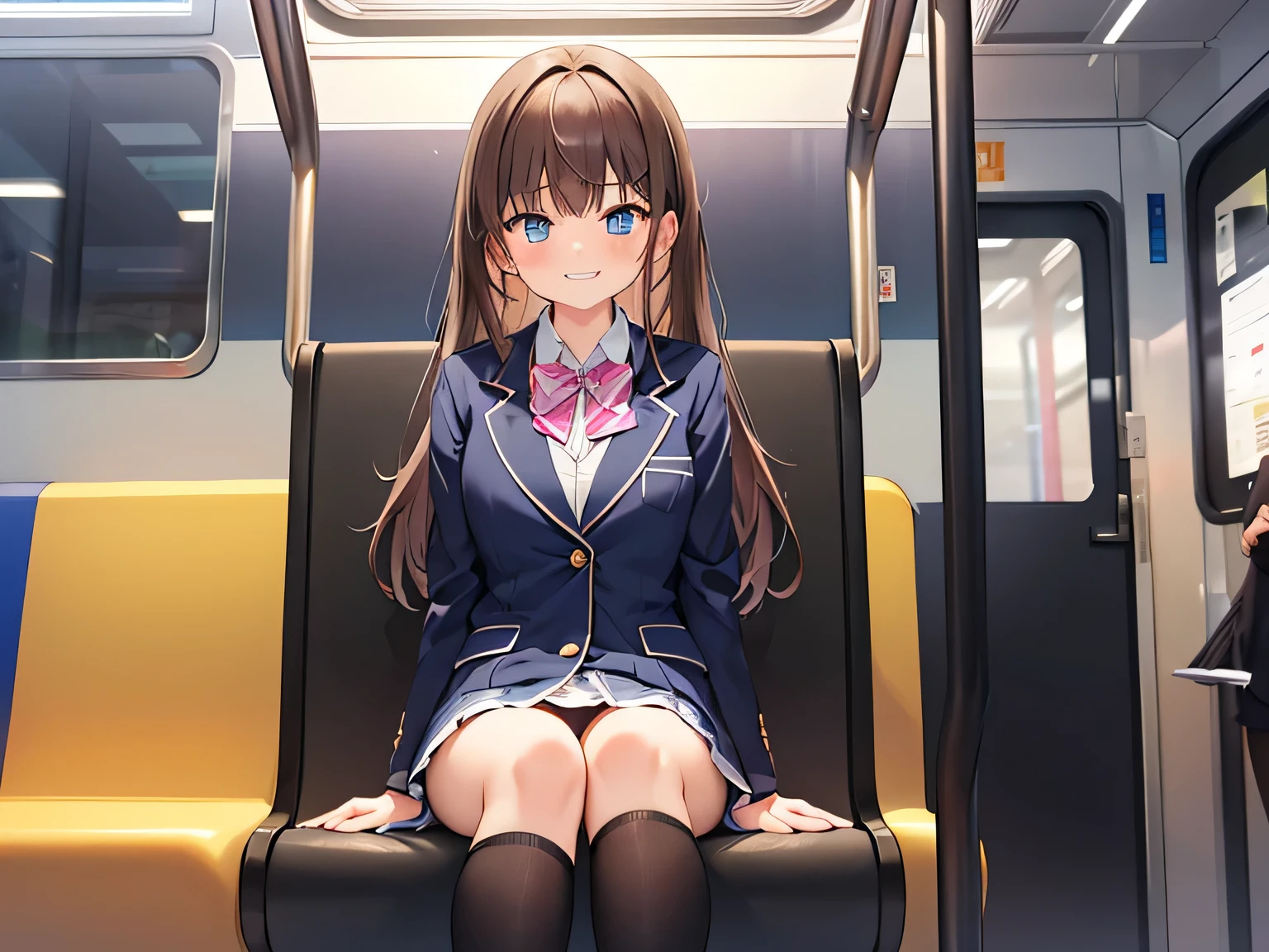 (Masterpiece, top quality, high resolution, realistic photo, realistic looking skin:1.1),
(A high school girl sits on the long seat of the train and shows her panties to me facing her:1.8),
(A long seat is a seat lined up against a side window:1.5),
(She has a provocative, grinning expression: 1.5),
(She is wearing her high , a navy blue blazer: 1.5),
(She is wearing a gray miniskirt from her high school uniform: 1.5),
(She is wearing black loafers: 1.5),
(She is wearing loose socks: 1.5),
(She is wearing socks of the same color and the same length on both feet: 1.8),
(Her panties are pink simple cotton: 1.5),
(Her hair is long brown hair:1.5),
(Location: long seat on Yamanote line late at night:1.5),
1 Japanese girl, solo, full bodied esbian, beautiful eyes, glowing eyes, glowing thighs, NSFW