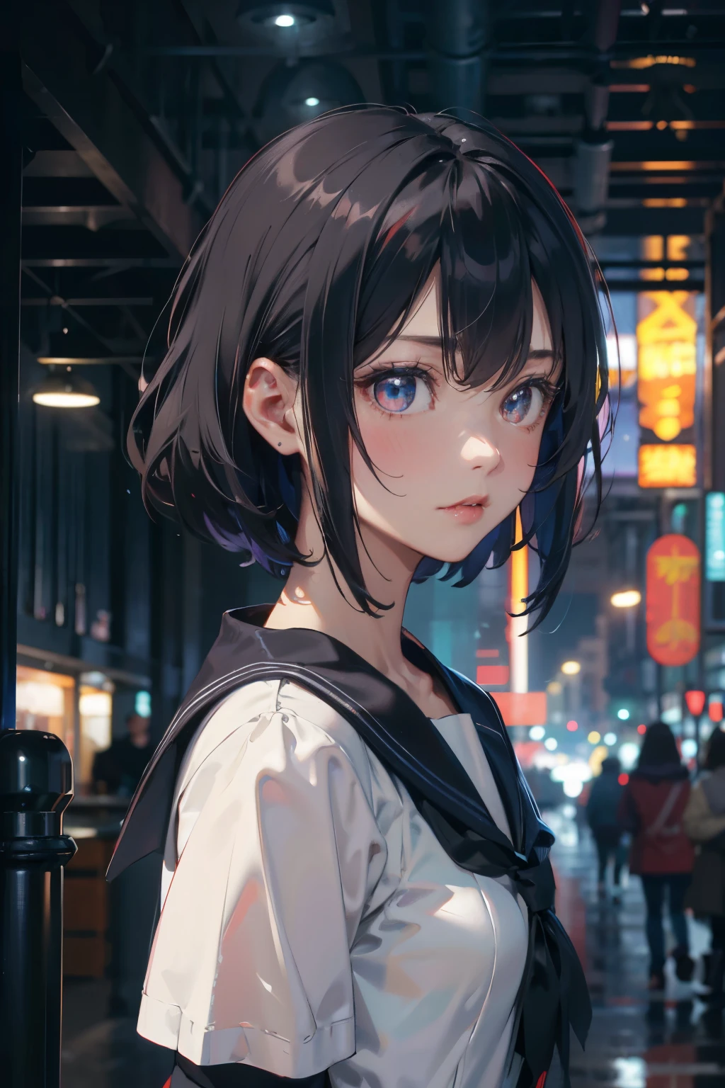 a 20 yo woman、Black blue hair、Bery short hair、(hi-top fade:1.3)、dark themed、Muted Tones、Subdued Color、highly contrast、(natural skin textures、Hyper-Realism、Soft light、sharp)、Sailor suit