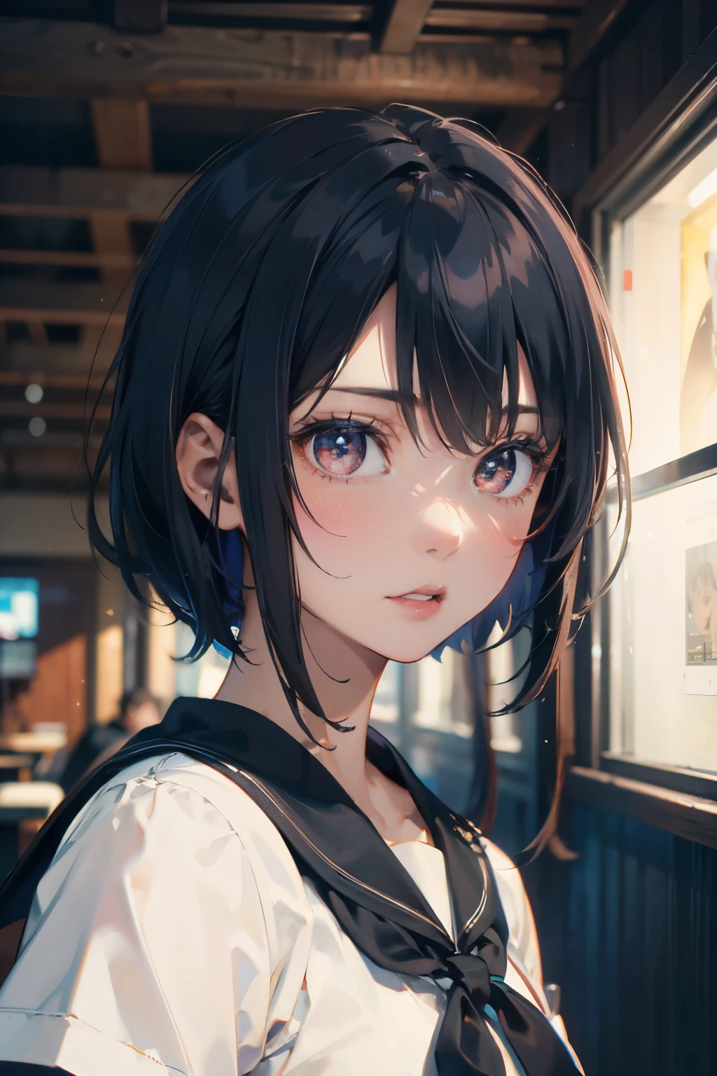 a 20 yo woman、Black blue hair、Bery short hair、(hi-top fade:1.3)、dark themed、Muted Tones、Subdued Color、highly contrast、(natural skin textures、Hyper-Realism、Soft light、sharp)、Sailor suit