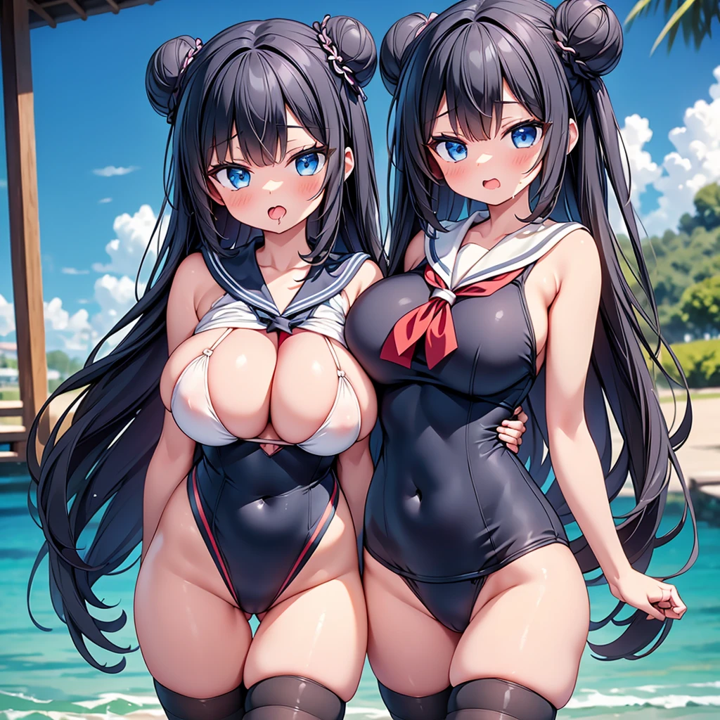 highest quality,wonderful,finely,extremely detailed CG Unity 8K wallpaper, (1 Girl,Black Hair, Blue Eyes,double bun), (gigantic breasts:1.2), (Sailor swimsuit:1.1), (open mouth:1.2), (long tongue:1.2), (mouth drool:1.2),(zettai ryouiki:1.2)