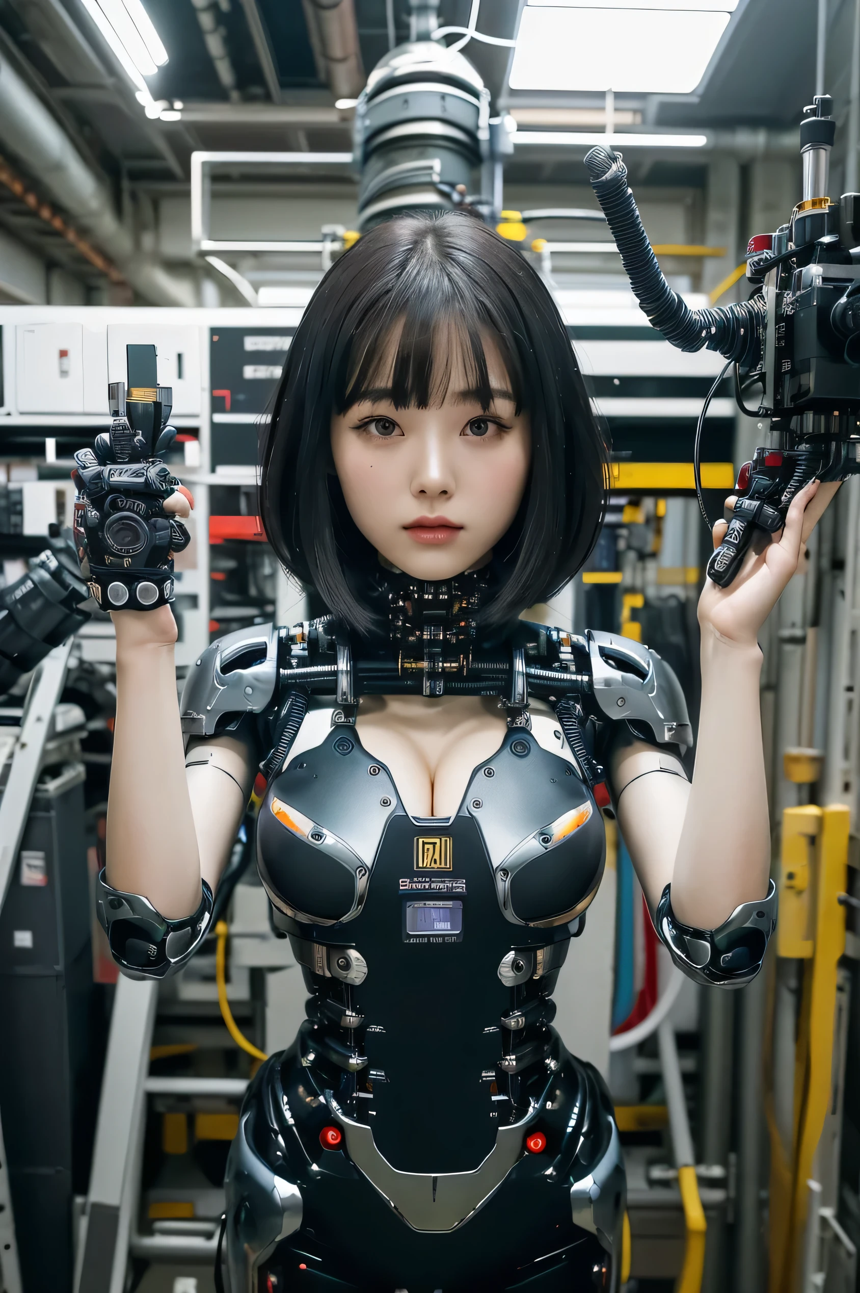 masterpiece, best quality, extremely detailed, Japaese android girl,portrait,Plump,a bit chubby,control panels,android,Droid,Mechanical Hand, Robot arms and legs, Black hair,Blunt bangs,perfect robot girl,long tube,thick cable connected her neck,android,robot,humanoid,cyborg,japanese cyborg girl ,robot-assembly plant,She is assembling now,assembly scene,camera eyes,chest monitor