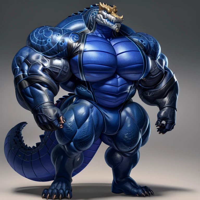 solo, male, alligator, blue body, scales, detailed face, detailed eyes, hyper muscles, hyper pecs, thick thighs, standing, plain background, by boosterpang