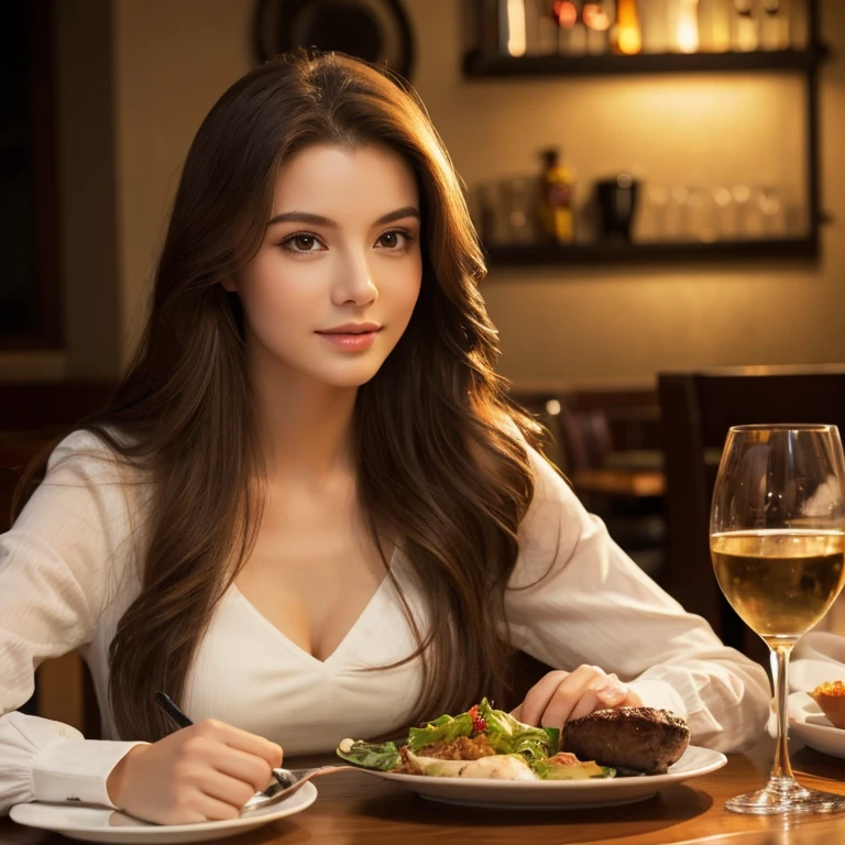 (best quality,High resolution,master piece, tall and beautiful woman,frontage,Long dark brown hair with loose waves, nice breasts, V-neck white shirt, dark alley, Beautifully rendered facial and skin texture details, charming eyes, double eyelid, Young lady age 20, gorgeous, cute girl, attractive girl, stunning girl, gorgeous young lady, having dinner in a fine dining restaurant on the mountain in Zermett, Switzerland, gorgeous elegant attractive, enjoying life, table with plates of food and a glass of white wine, sunset, near dark background.