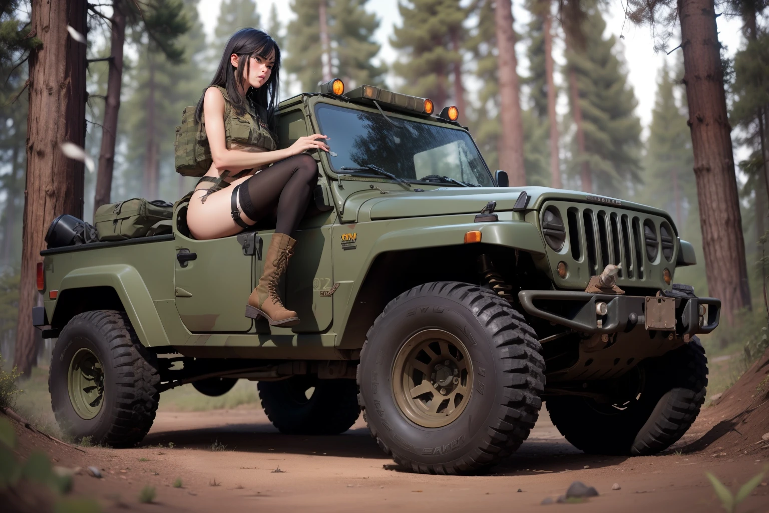 2 naked Forest skinny military girls solders with long legs, eyes same color, aroused face expression, skimpy military clothing, military boots, stockings, long nipples, pubic hair, hairy pussy, hairy pussy, masturbating, cum leaking from her aroused pussy, sitting behind a dirty Jeep vehicle, urinating, people are showing penises, dusk, sun is low, shade.