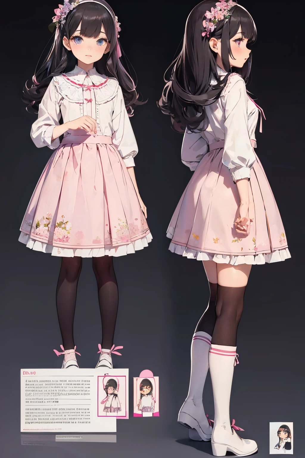 (best quality, highres,), beautiful detailed eyes, beautiful detailed lips, long eyelashes, pale skin, pink blush, large expressive eyes, glossy black hair, medium length, wavy hair, cute uniform with a pleated skirt, white knee-high socks, mary jane shoes, innocent and cheerful expression, confident and determined expression, colorful background with flowers and cherry blossoms, vibrant colors, soft lighting.
A comprehensive model sheet for a character, including front view and side view, with detailed perspectives and angles