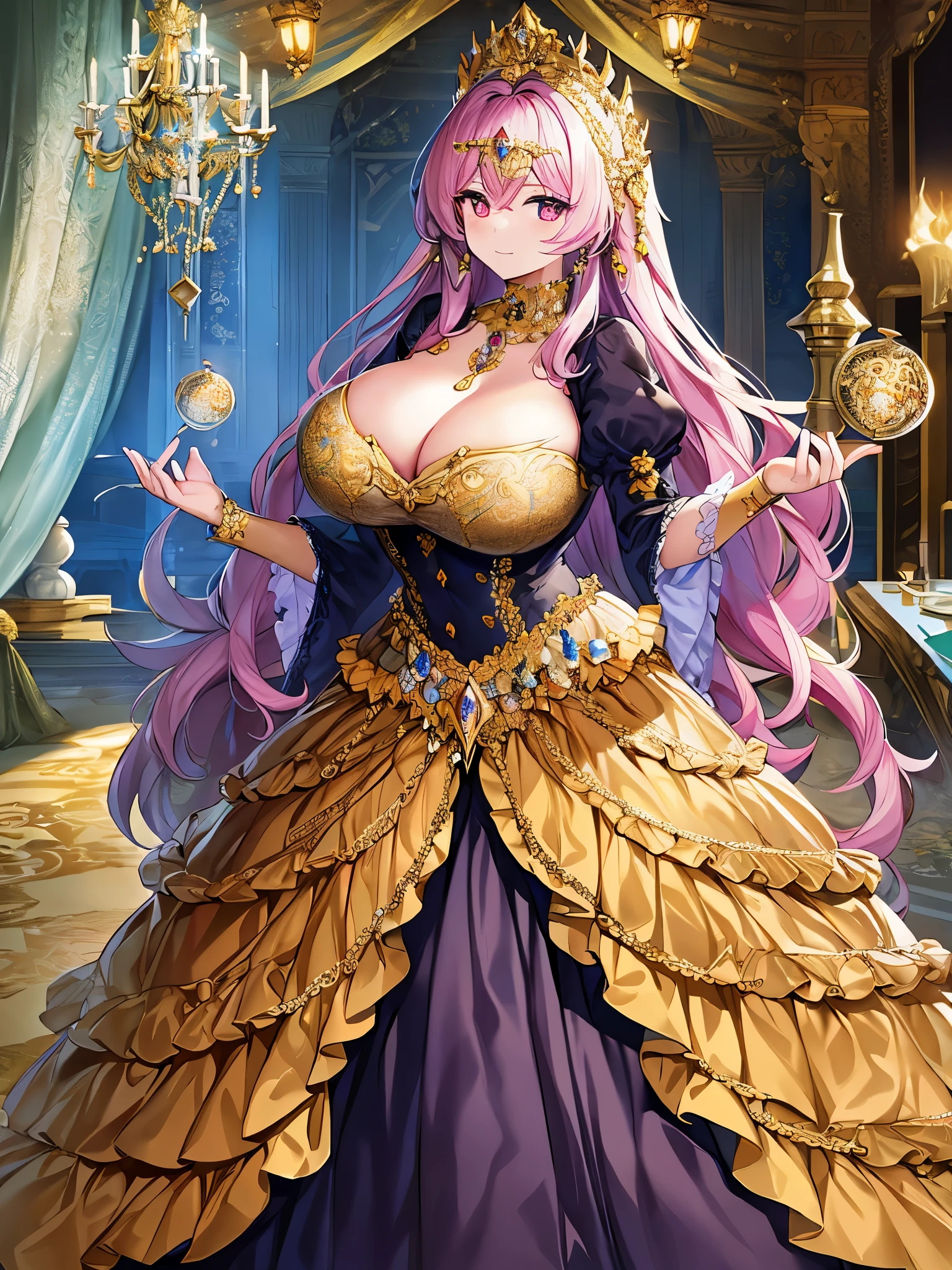 ((anime artstyle)),(Masterpiece),(Best Quality), (Super Detail),(((Very Delicate and Beautiful))),Solo,full body,((full body portrait)),((1 bling-bling princess in beautiful embroidery and jeweled gorgeous rococo ballgown with voluminous full length hoop skirt)),((((absurdly gigantic tits)))),(((cleavage,curvy))),Skindentation,detailed face and eyes,jewel-like eyes,((castle)),((crinoline,long train)),gorgeous princess rococo ballgown with voluminous full length hoop skirt and long train,(((bling-bling gorgeous rococo ballgown with beautiful embroidery and jeweled))),((large amount of straight hair, absurdly long hair,Very Long Straight Hair)),extremely gorgeousfull hair ornament,(bling-bling extremely gorgeous jeweled tiara),luxurious jewelry,full body,((beautiful embroidery and jeweled gorgeous rococo ballgown with voluminous full length hoop skirt))