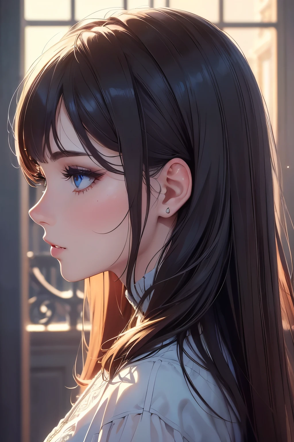 (best quality,4k,8k,highres,masterpiece:1.2),girl,side view,profile side view,beautiful detailed eyes,beautiful detailed lips,long eyelashes,medium:portraits,vivid colors,soft lighting, perfect side view, looking straight