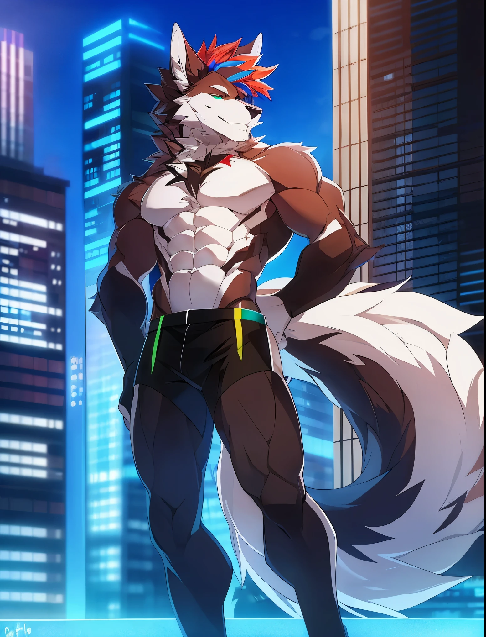 ((Solo)), male people, anthro wolf, (Multi-colored fur, White tail pointed), (Height 3meters,Tail length 2meters), Abs, pinginuscular, A long big tail, by patto, modern city