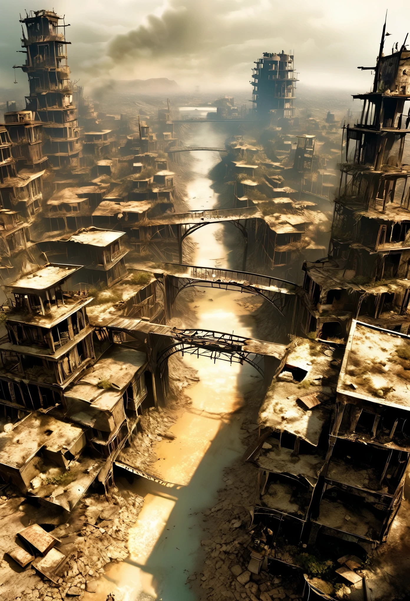 The End of the World,Bird's-eye view of the doomsday city,ruins,Bridge,Post-apocalyptic wasteland,Dead silence,dust,Dry rivers,Dark