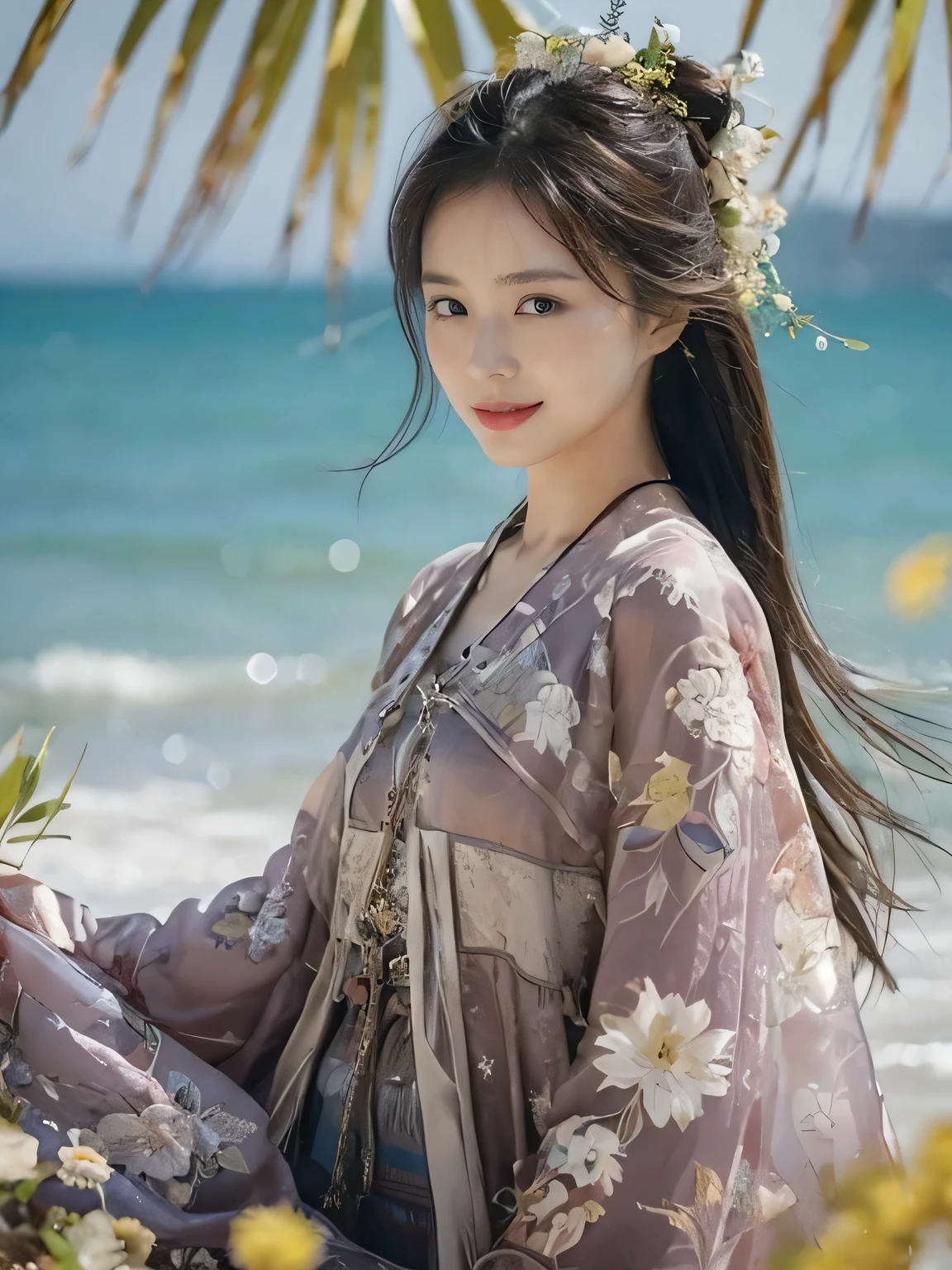 (on the table, best quality, Realistically, Ultra Detailed, meticulous, high resolution, 8k wallpaper), Close-up portrait of a beautiful woman, like, Smile, Light brown messy hair, Perfect dynamic composition, Beautiful and meticulous eyes, Just like the cover of a fashion magazine, On Campus