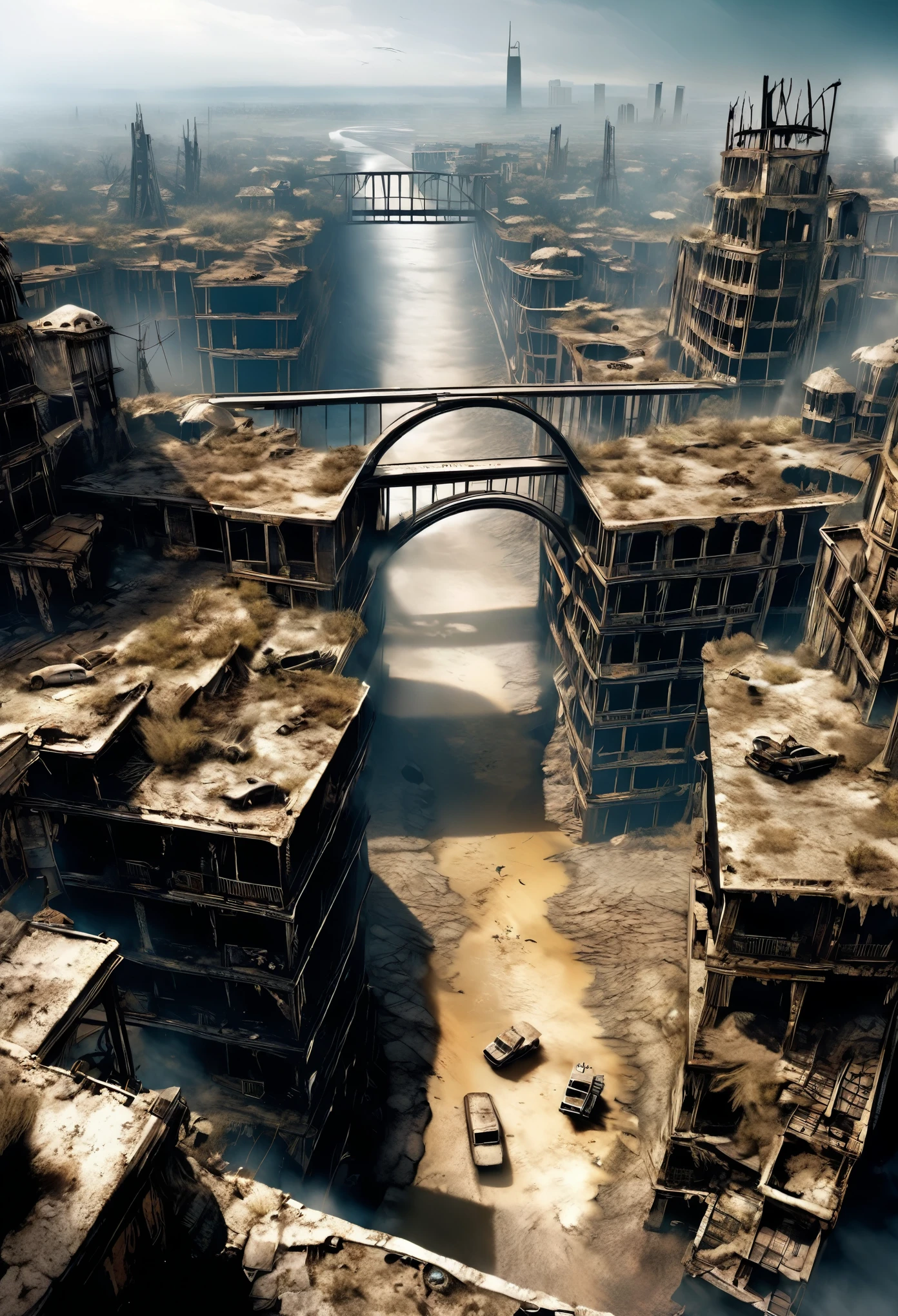 The End of the World,Bird's-eye view of the doomsday city,ruins,Bridge,Post-apocalyptic wasteland,Dead silence,dust,Dry rivers,Dark