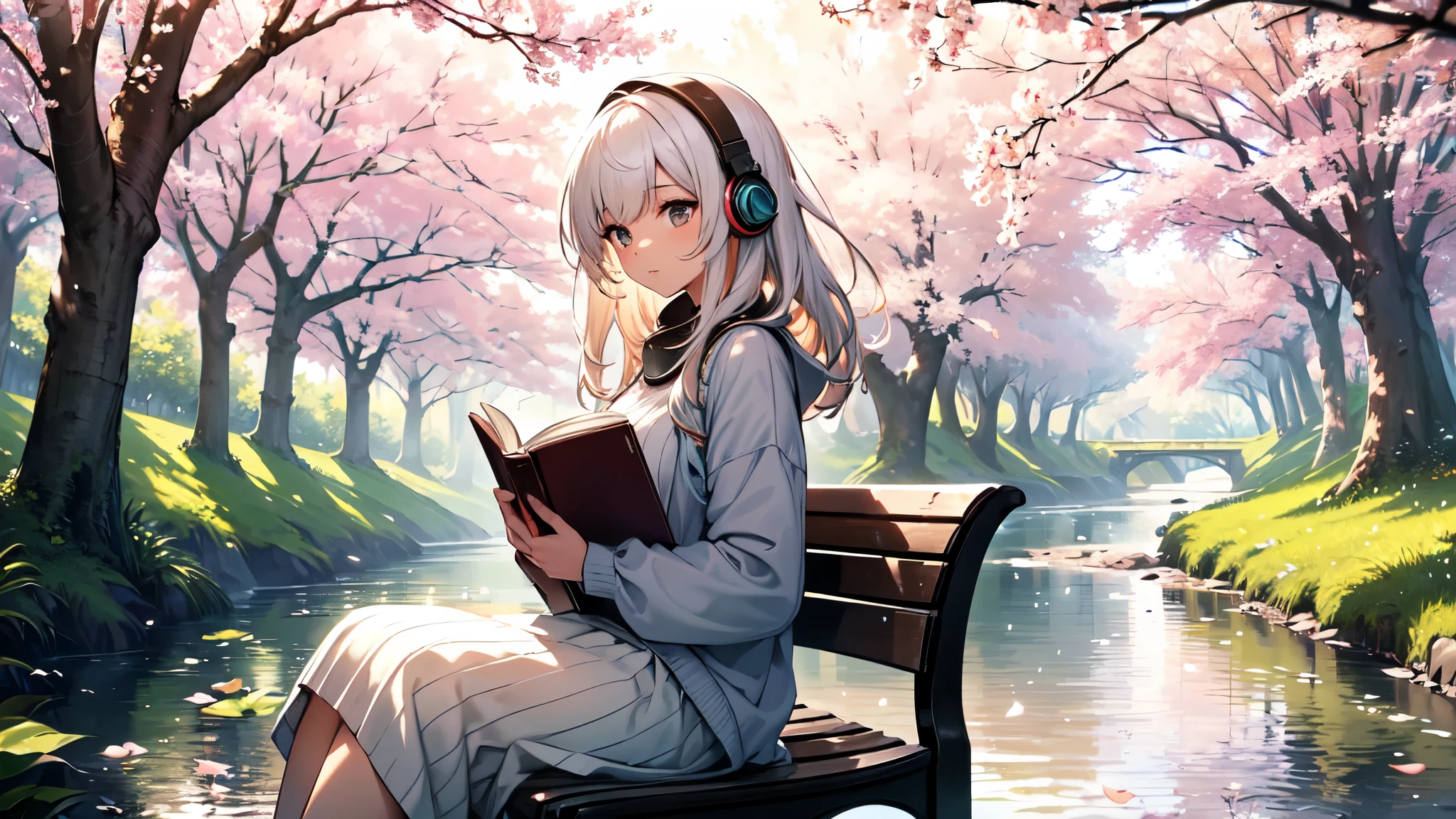 (best quality:1.2, 4k, highres, masterpiece:1.2), ultra-detailed, realistic:1.37, girl reading a book by the riverside, river, beautiful girl, reading, bench, wearing headphones, spring, cherry blossoms, serene atmosphere, sunlight filtering through the trees, gentle breeze, tranquil river flowing, vibrant colors, peaceful mood, water reflections