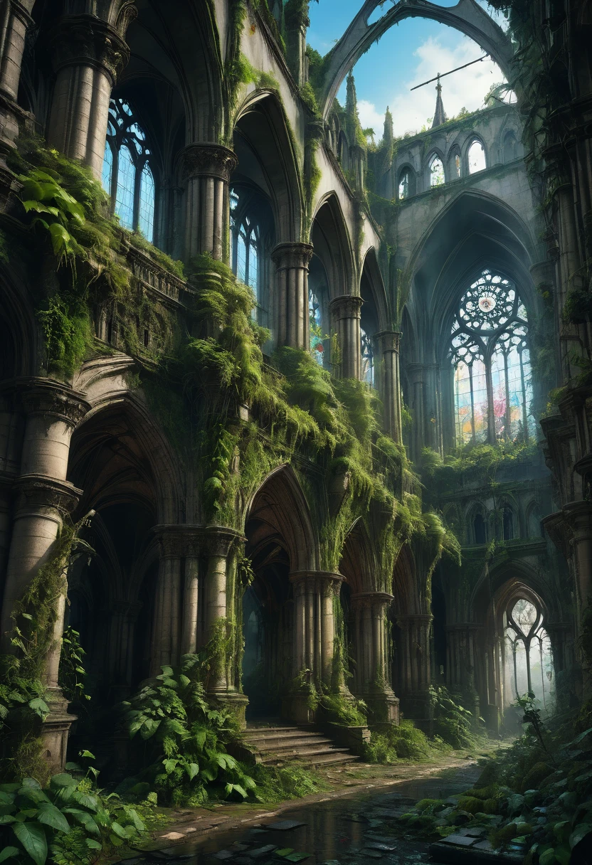 1girl, Post-Apocalyptic Wasteland, Overgrown Cathedrale Notre-Dame-de-Paris covered in vines and moss Ruins in Luxuriant Jungle, post-apocalyptic epic realistic detailed matte painting, deep color, fantastical, intricate detail, splash screen, complementary colors, fantasy concept art, 8k resolution trending on Artstation Unreal Engine 5
